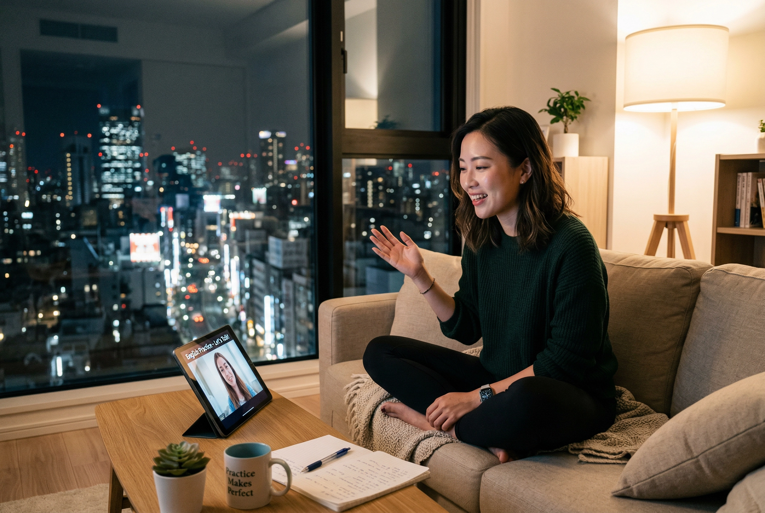 Profissional chinês praticando inglês com tutor de IA no tablet em casa à noite