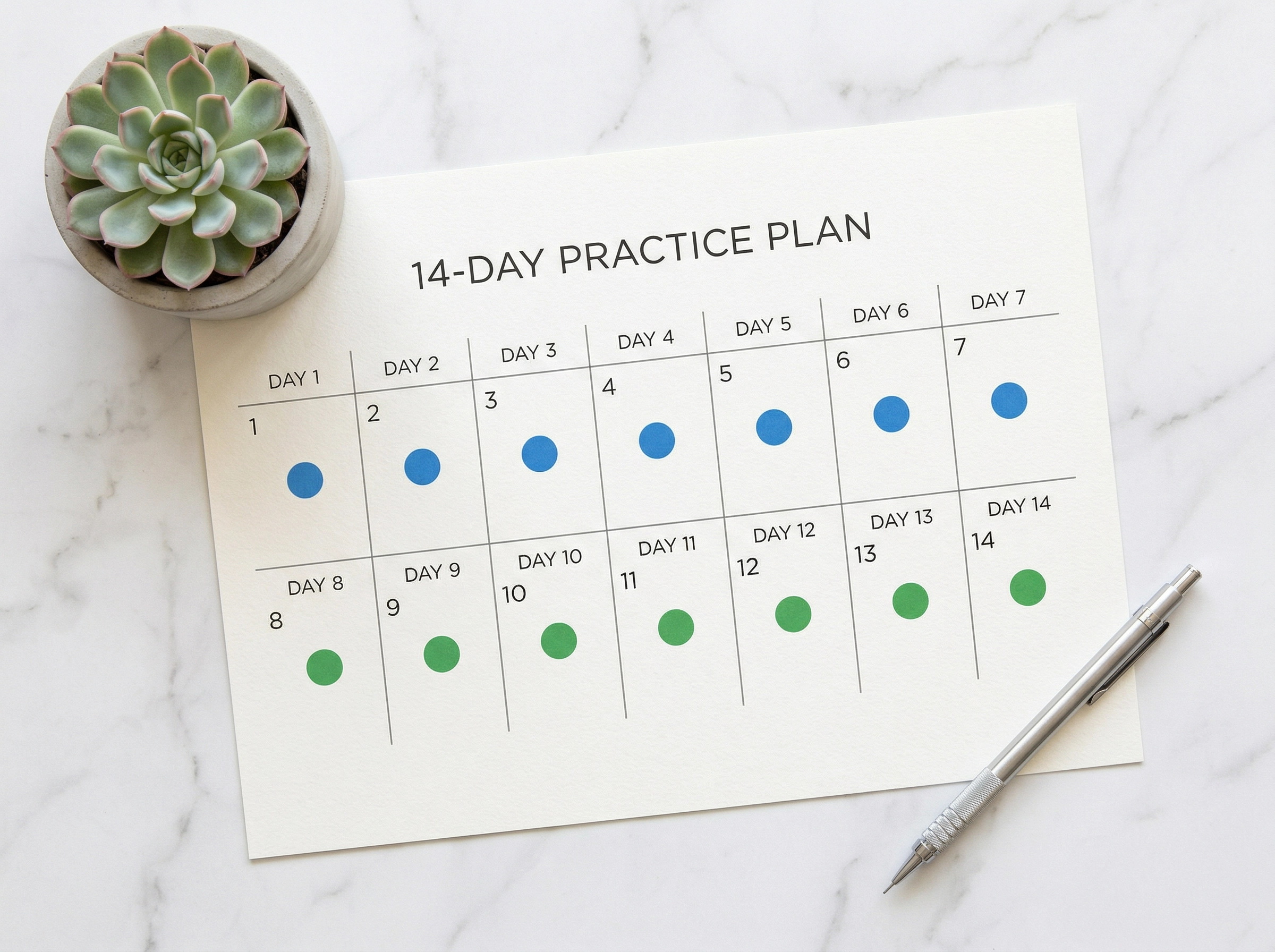 Calendário do plano de prática de 14 dias com progressão em cores para prática de conversação em inglês