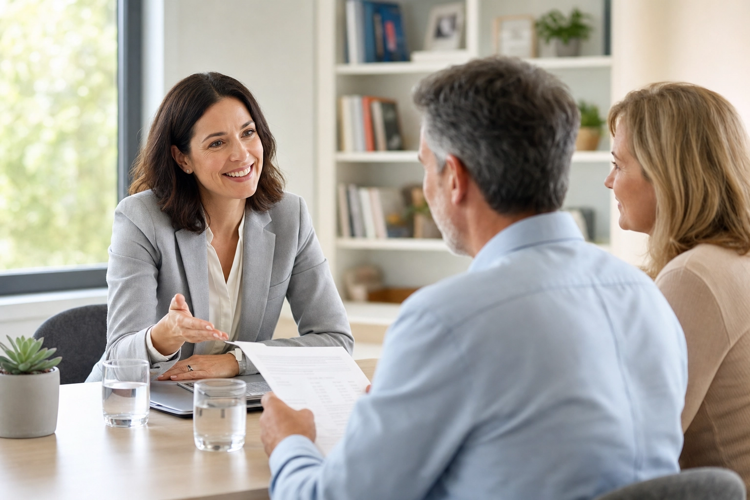 Financial advisor warmly explaining a client portfolio review across a bright office table