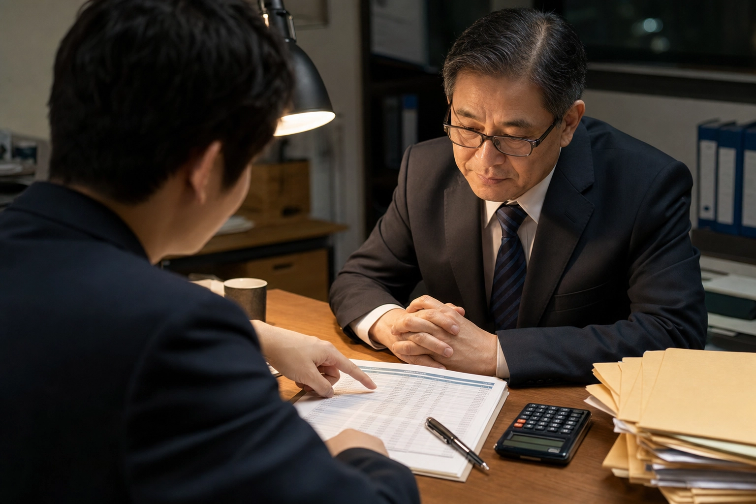 Two professionals reviewing figures in a focused audit discussion, pointing to a printed spreadsheet
