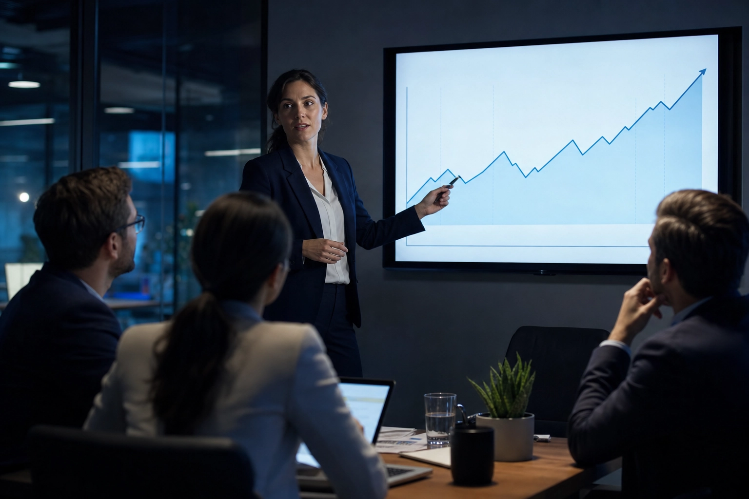 Analyst explaining an upward trend on a screen to colleagues, saying financial numbers clearly in a meeting