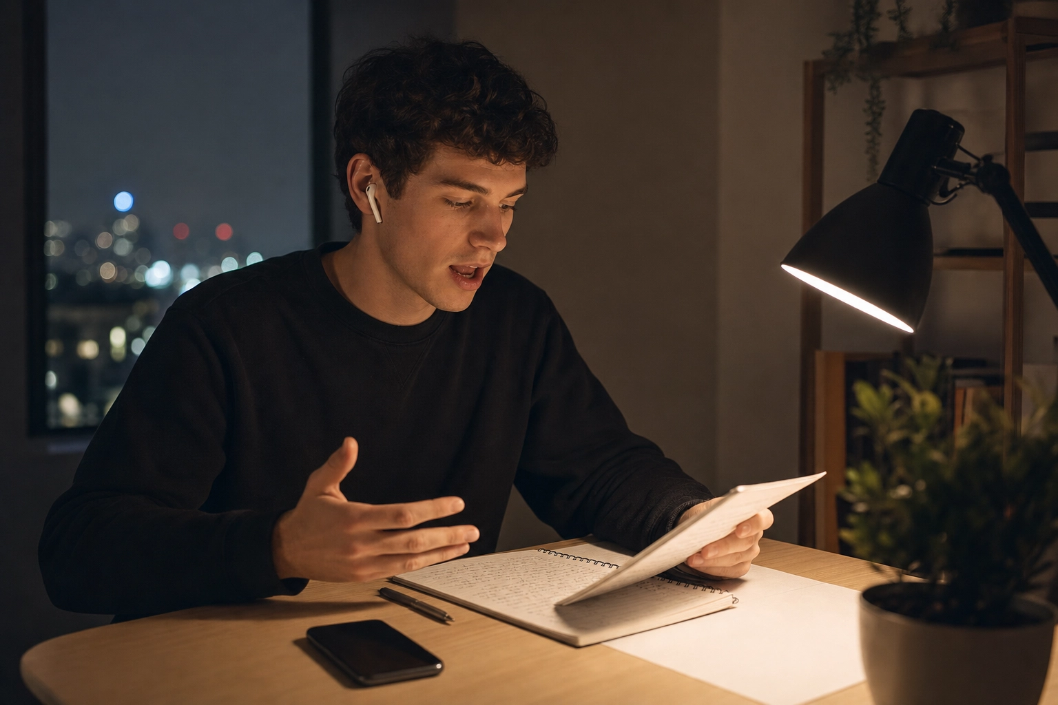 Finance professional rehearsing a presentation out loud at night with earbuds, practicing spoken English