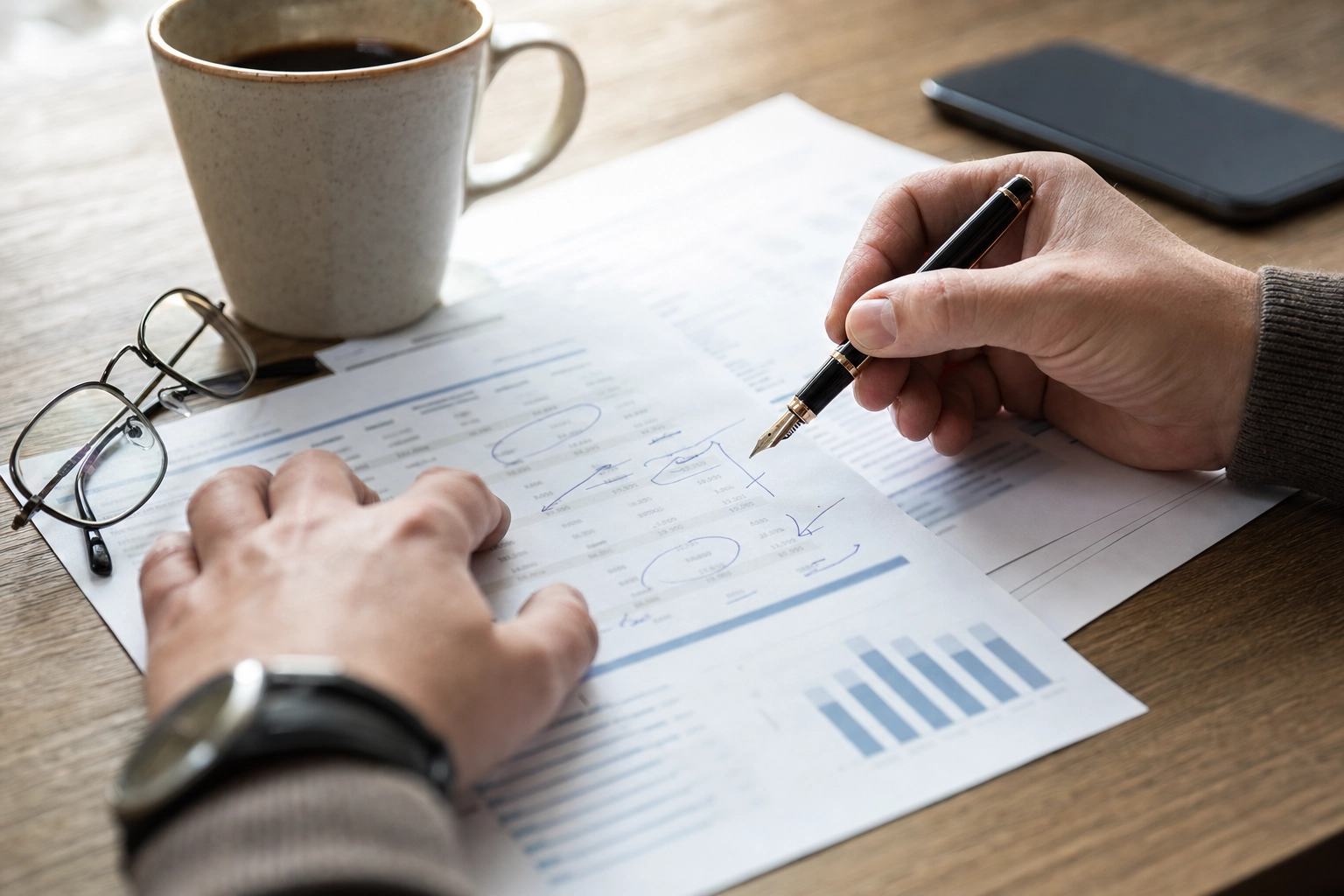 Close-up of hands annotating a printed financial report, reviewing revenue and margin figures with a pen