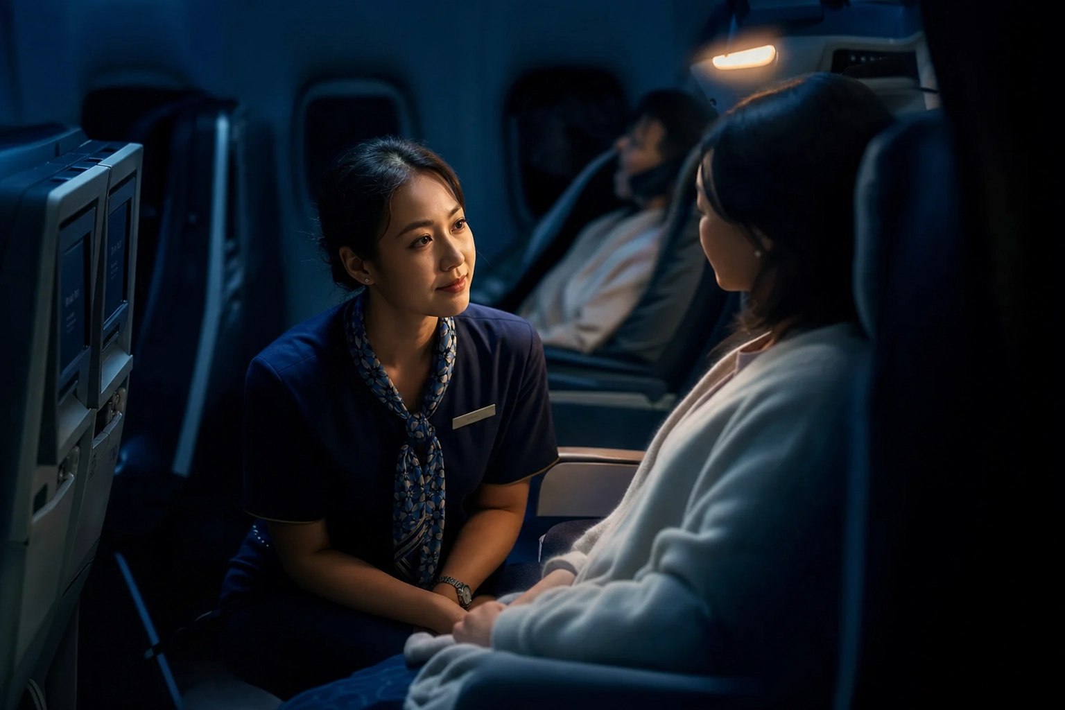 Flugbegleiterin kniet neben einem Fluggast, um auf einem abgedunkelten Nachtflug ruhig eine Beschwerde zu klären