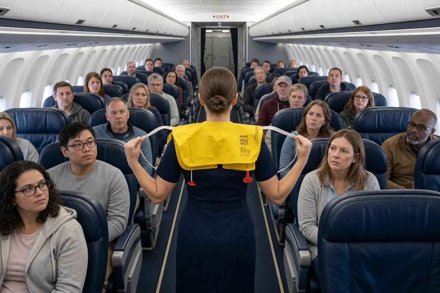 Flugbegleiterin führt während der Sicherheitsdemonstration vor dem Flug eine gelbe Schwimmweste in der Kabine vor
