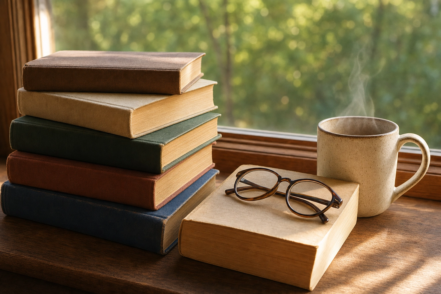 رزمة من كتب اللغة على عتبة نافذة مشمسة، تمثّل أساس القواعد الذي تمنحه الدروس