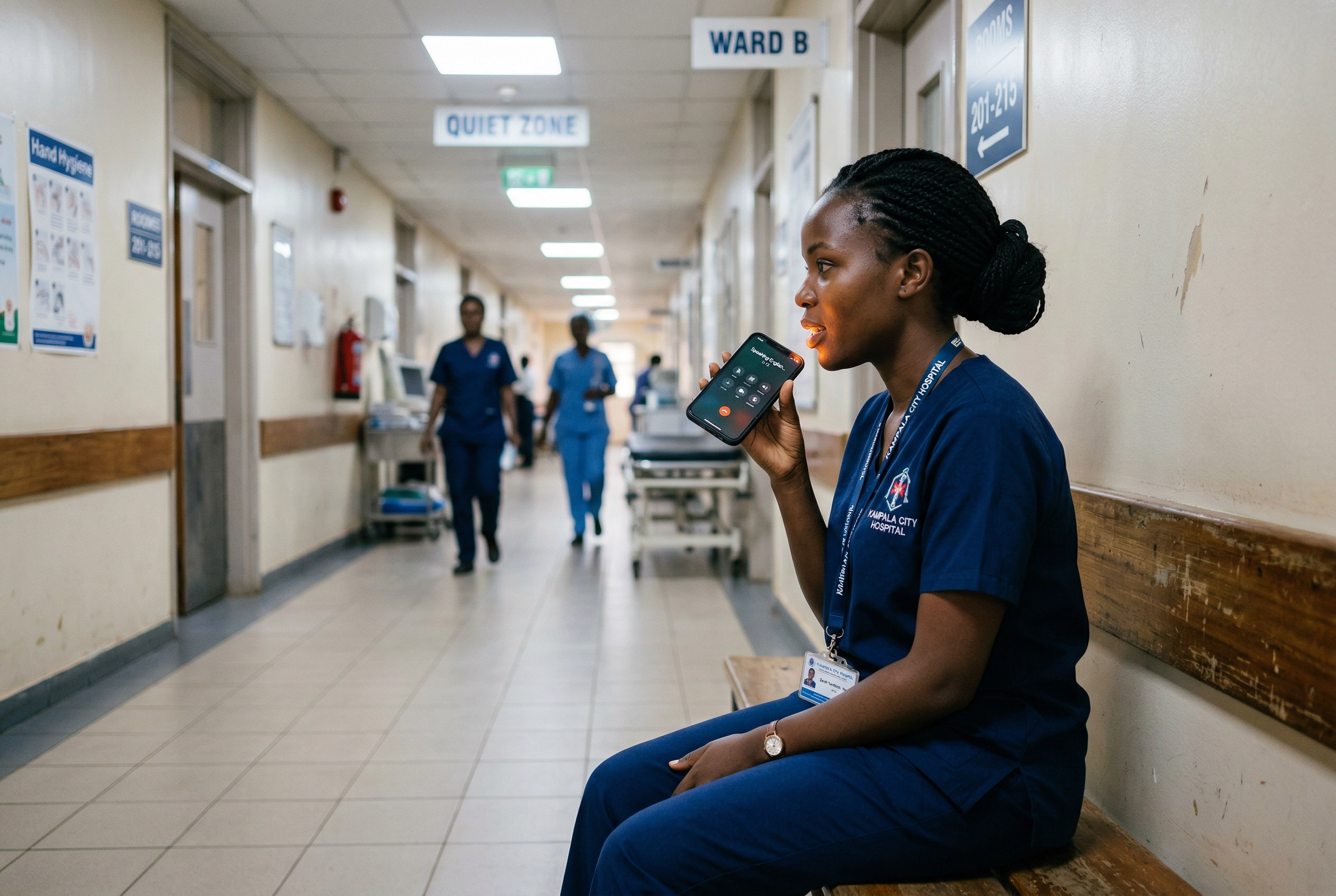 Healthcare worker practicing English speaking with AI tutor on phone during hospital break