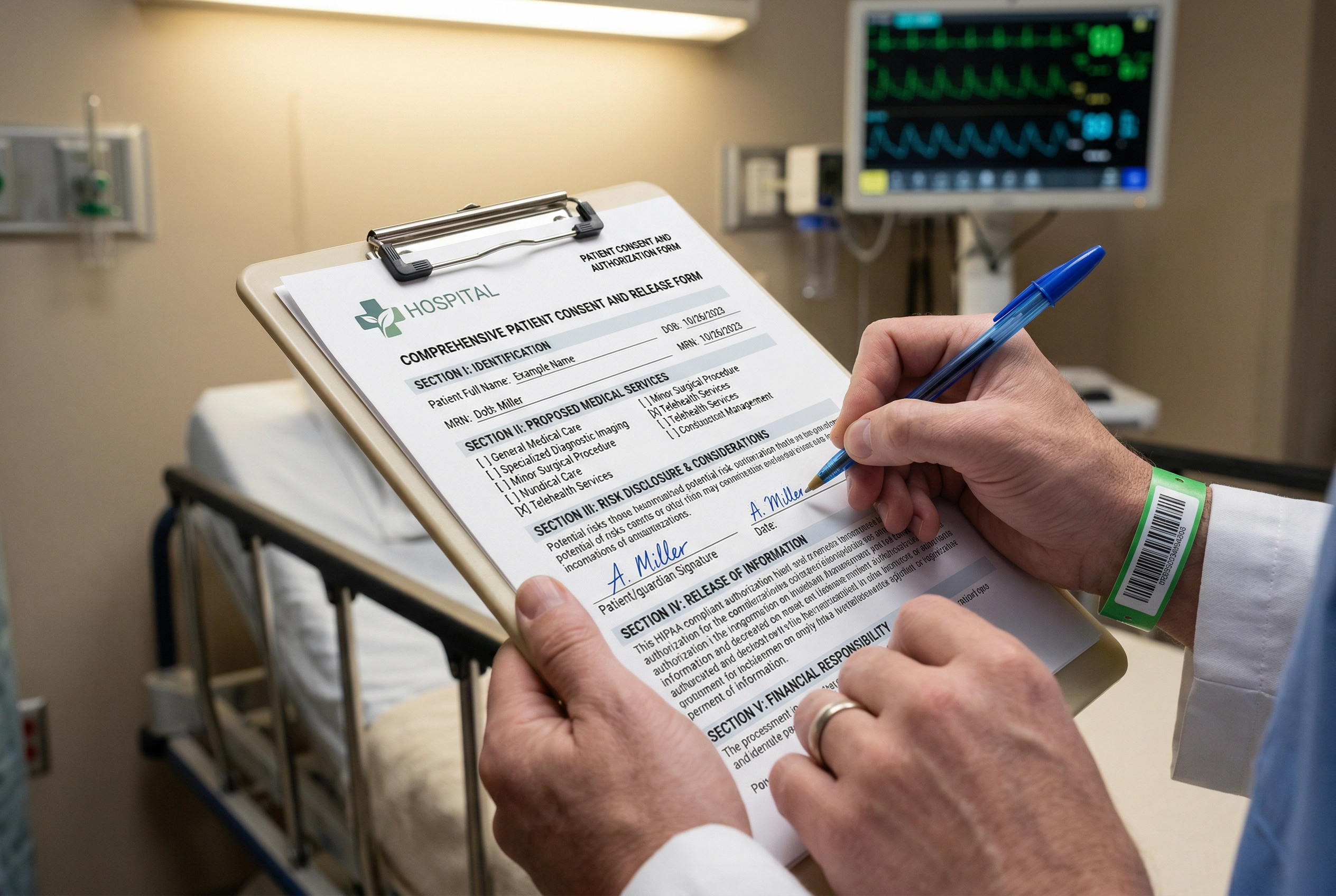 Medical professional documenting patient consent form using clear English communication