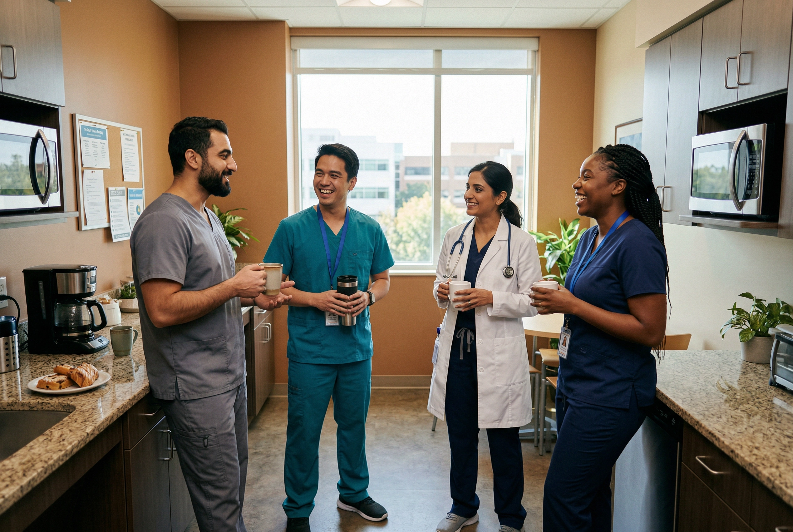 Diverse international healthcare team building rapport through English conversation