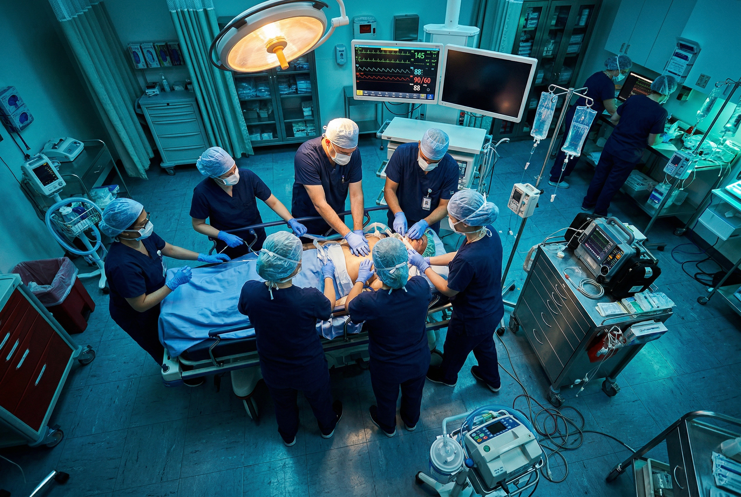 Emergency room team communicating rapidly during a critical healthcare situation