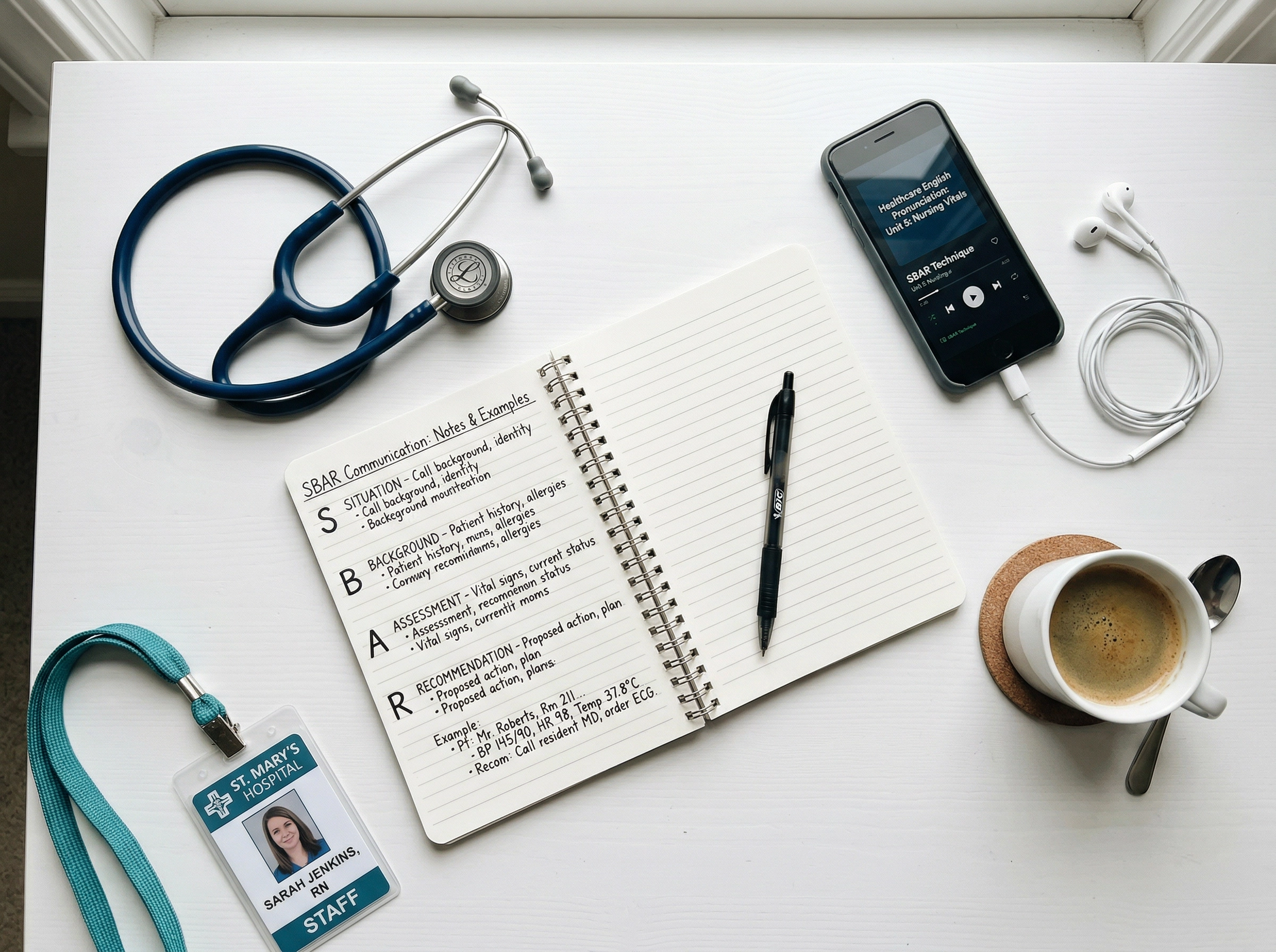 Healthcare English practice materials including SBAR notes and medical tools for daily study