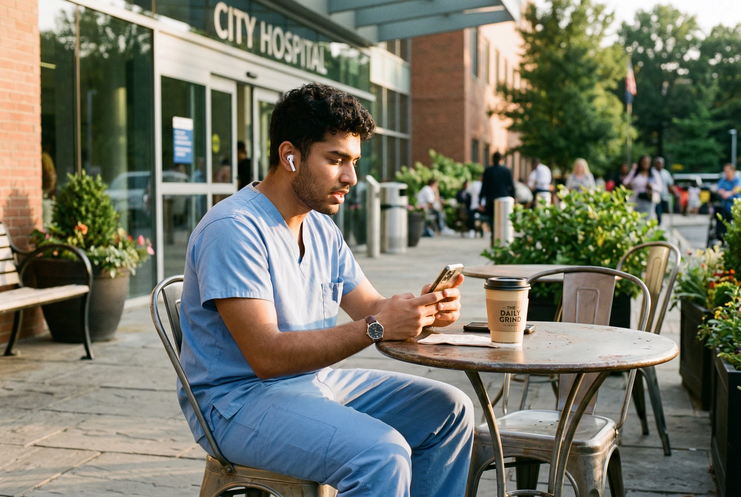 Healthcare worker using break time to practice English speaking skills with a mobile app