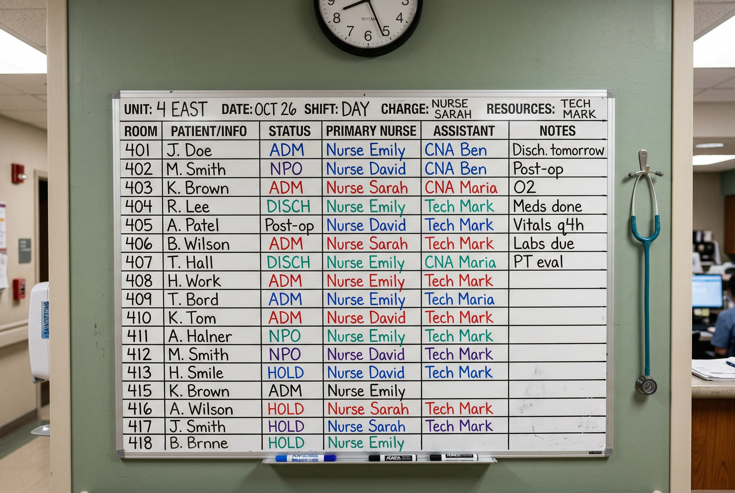 Hospital nursing station whiteboard showing organized patient information and communication workflow