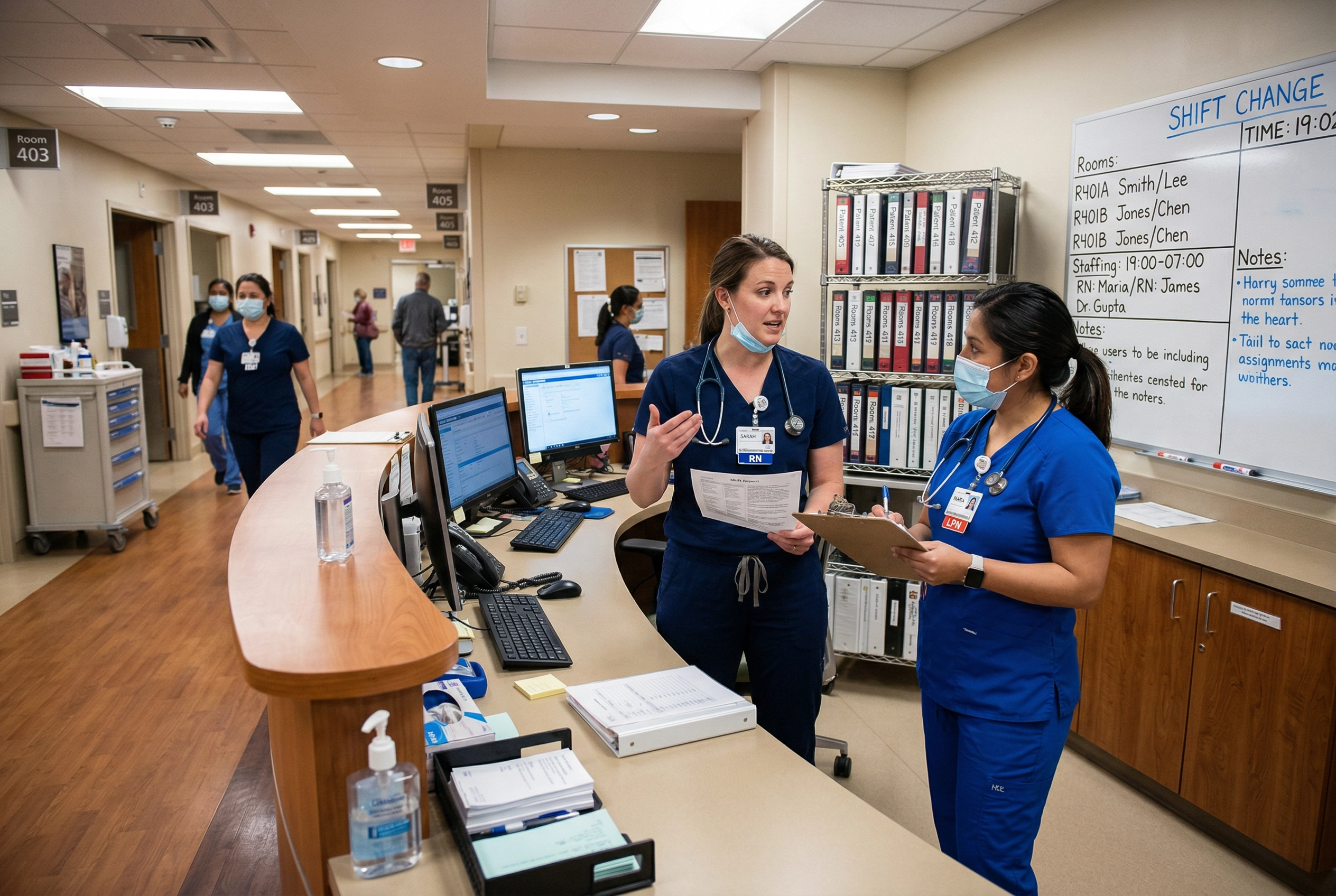 Nurses at station practicing English handoff communication during shift change