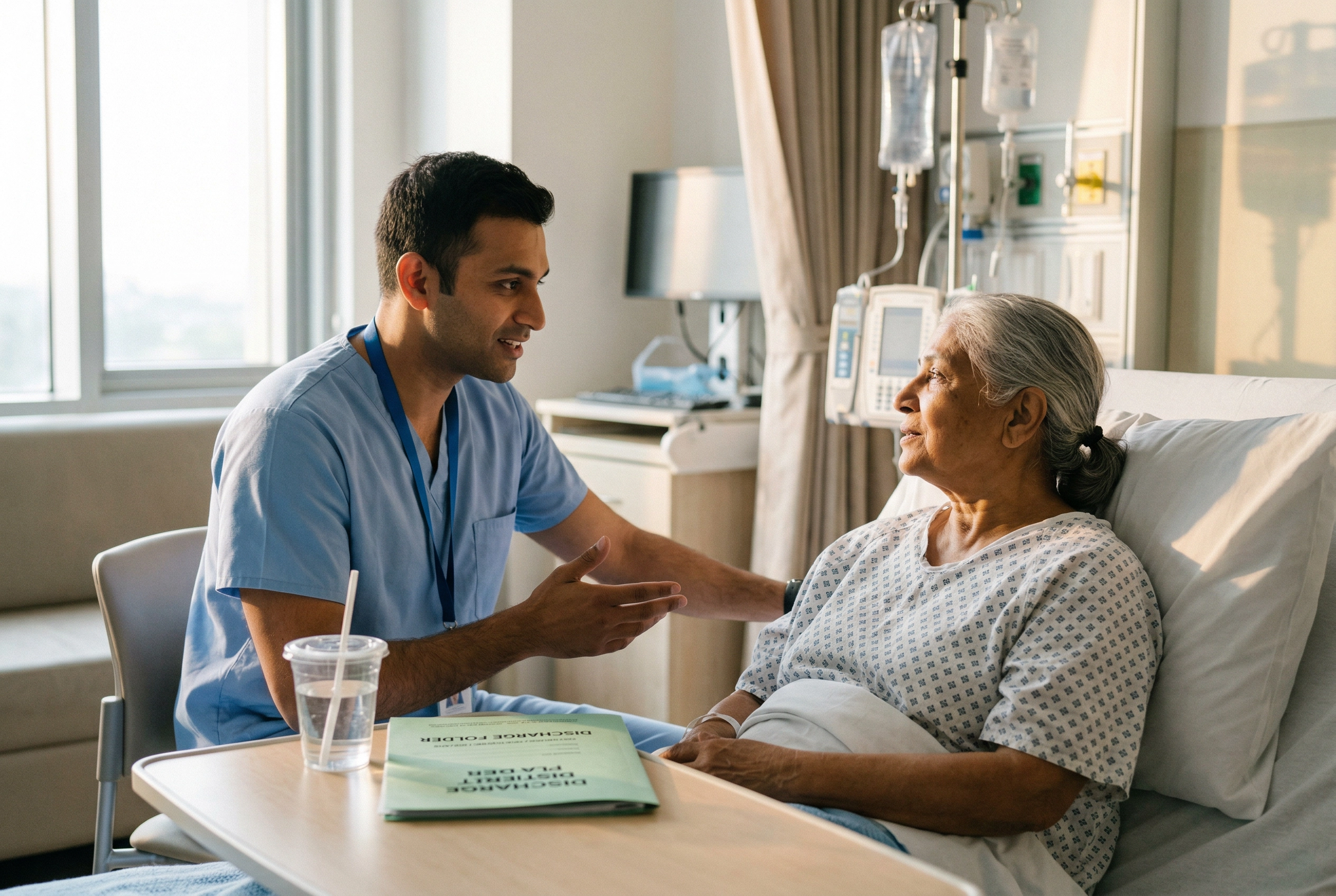 Healthcare worker explaining discharge instructions to a patient at bedside