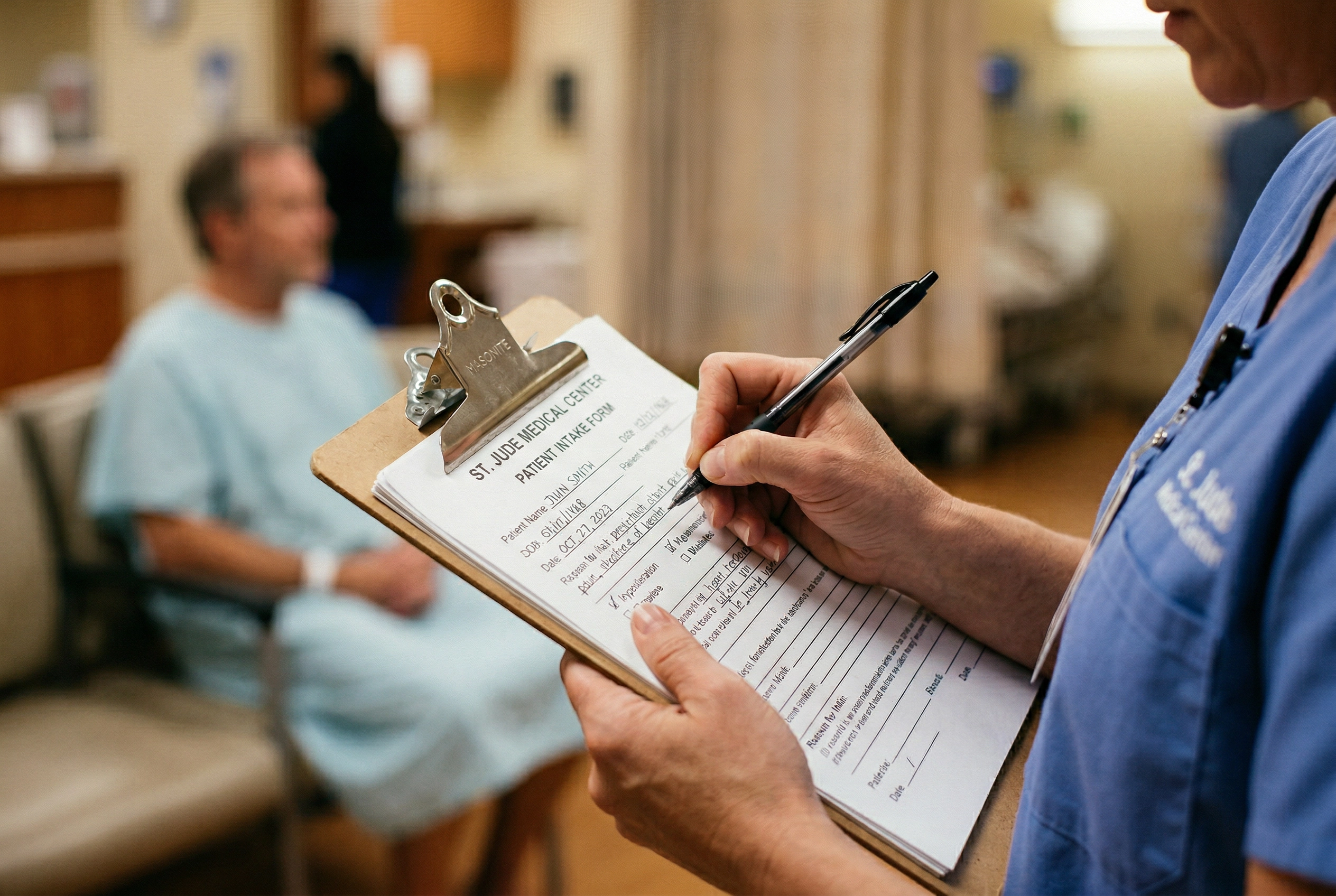 Nurse documenting patient medical information during intake using English healthcare phrases