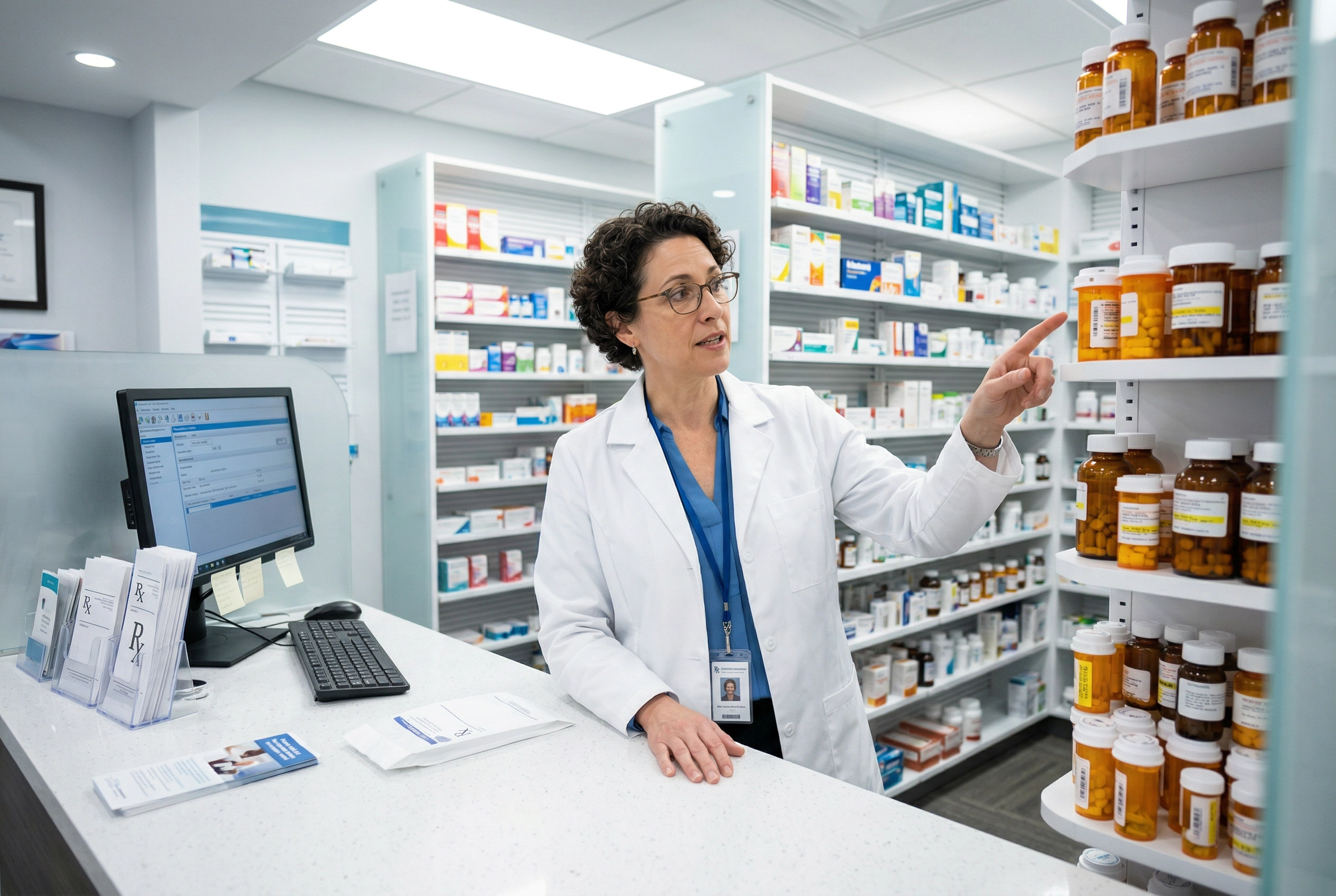 Pharmacy setting where healthcare workers use English medical vocabulary daily