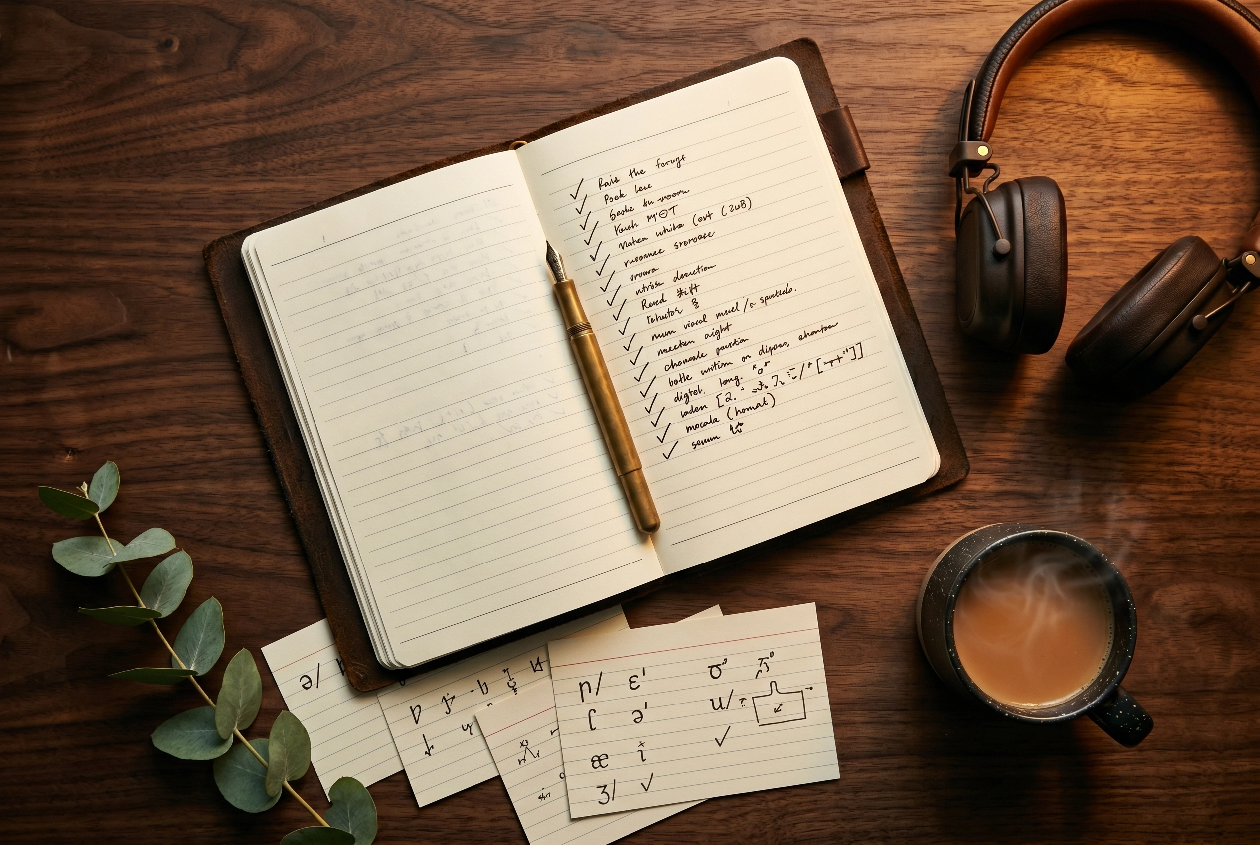 Overhead flat-lay of English practice ritual with notebook progress tracker headphones and masala chai on wooden desk