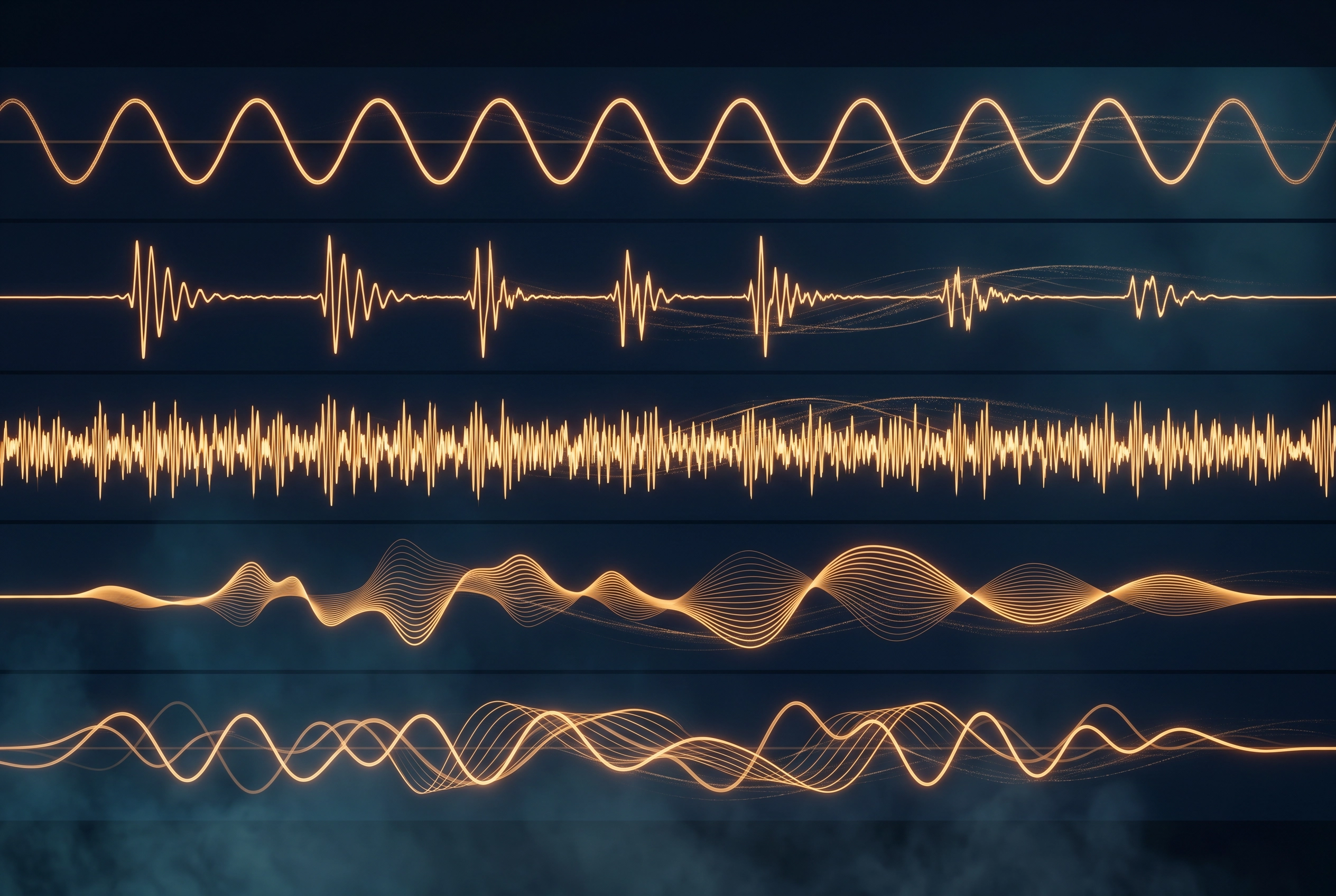 Five glowing sound wave patterns representing English pronunciation challenges Hindi speakers face on dark blue background