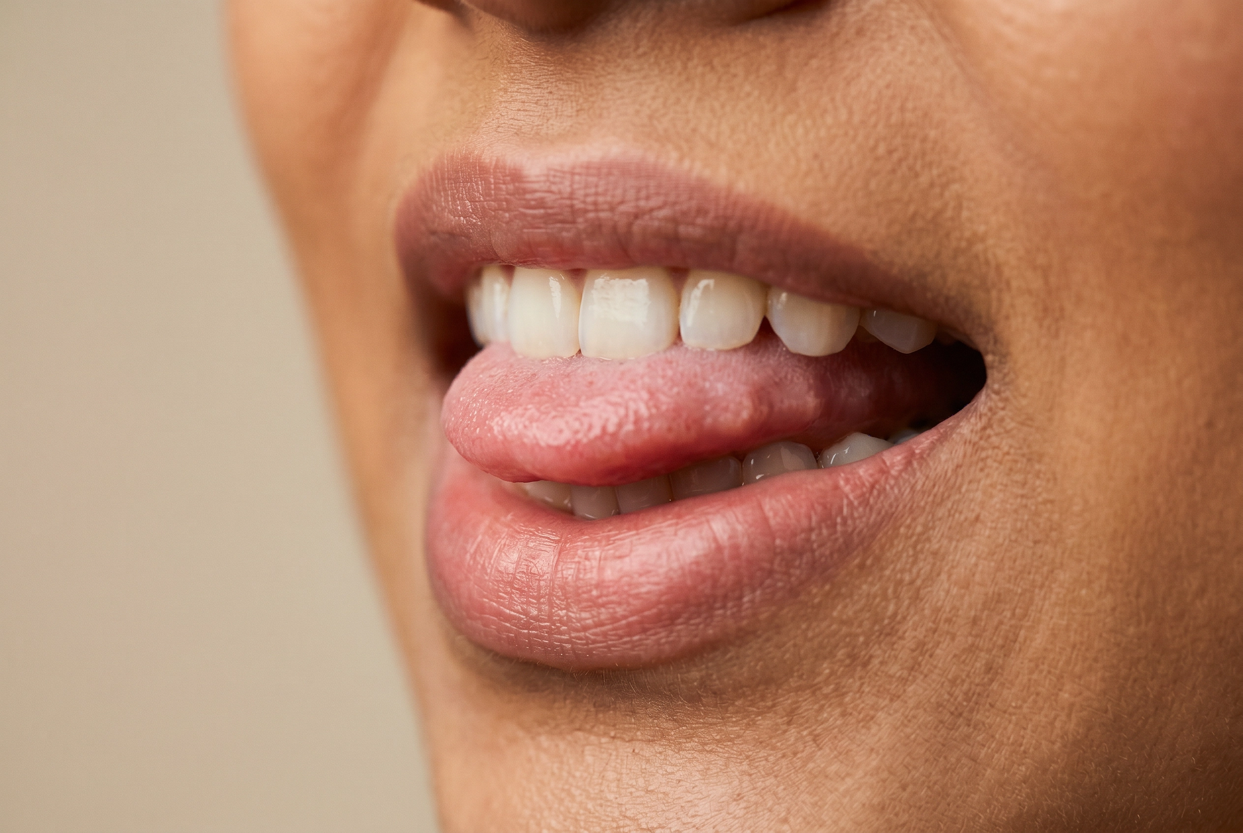 Macro close-up showing correct English TH sound articulation with tongue tip between teeth for Hindi speakers