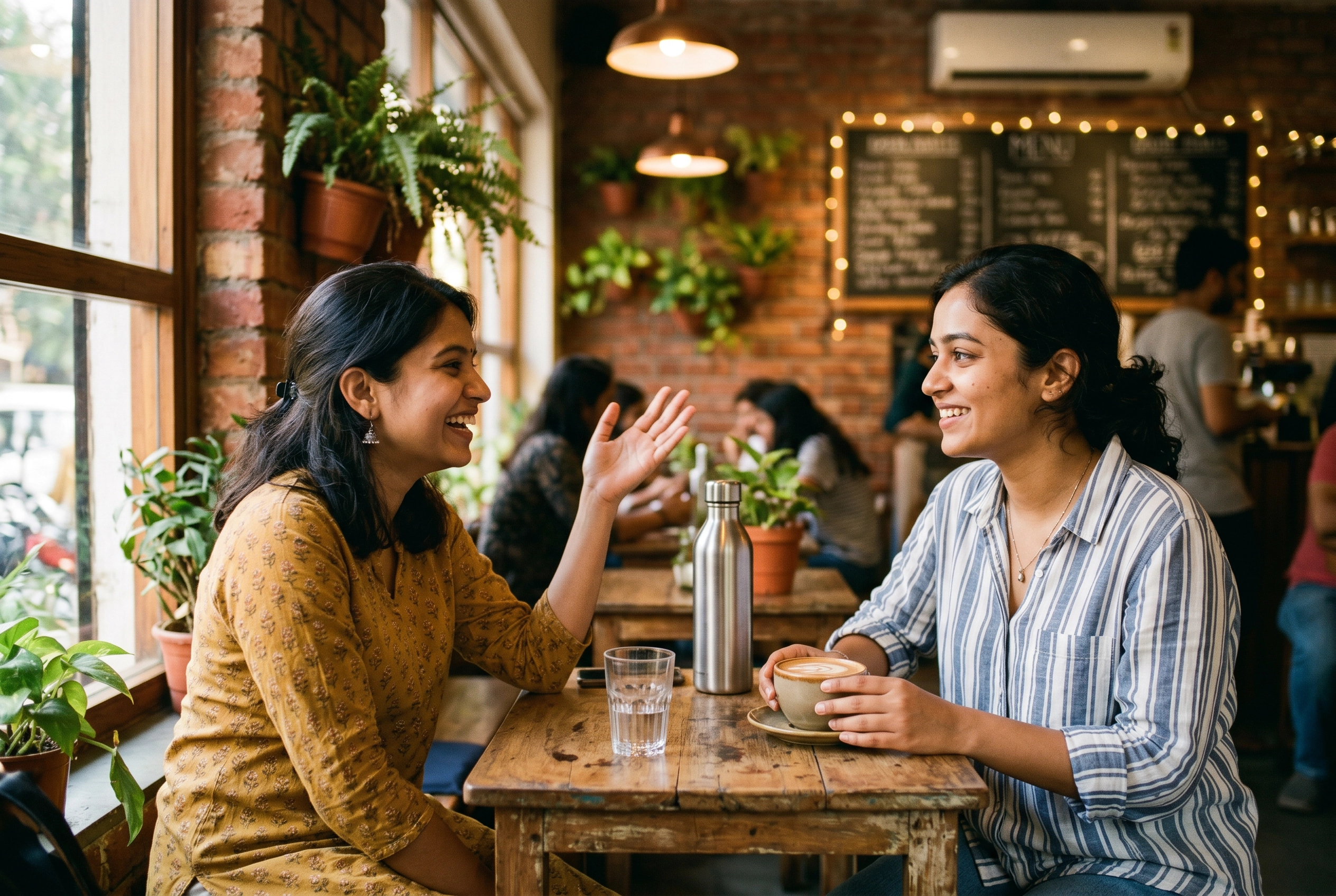 Two young Indian friends having bilingual Hinglish conversation at modern urban cafe in natural candid moment