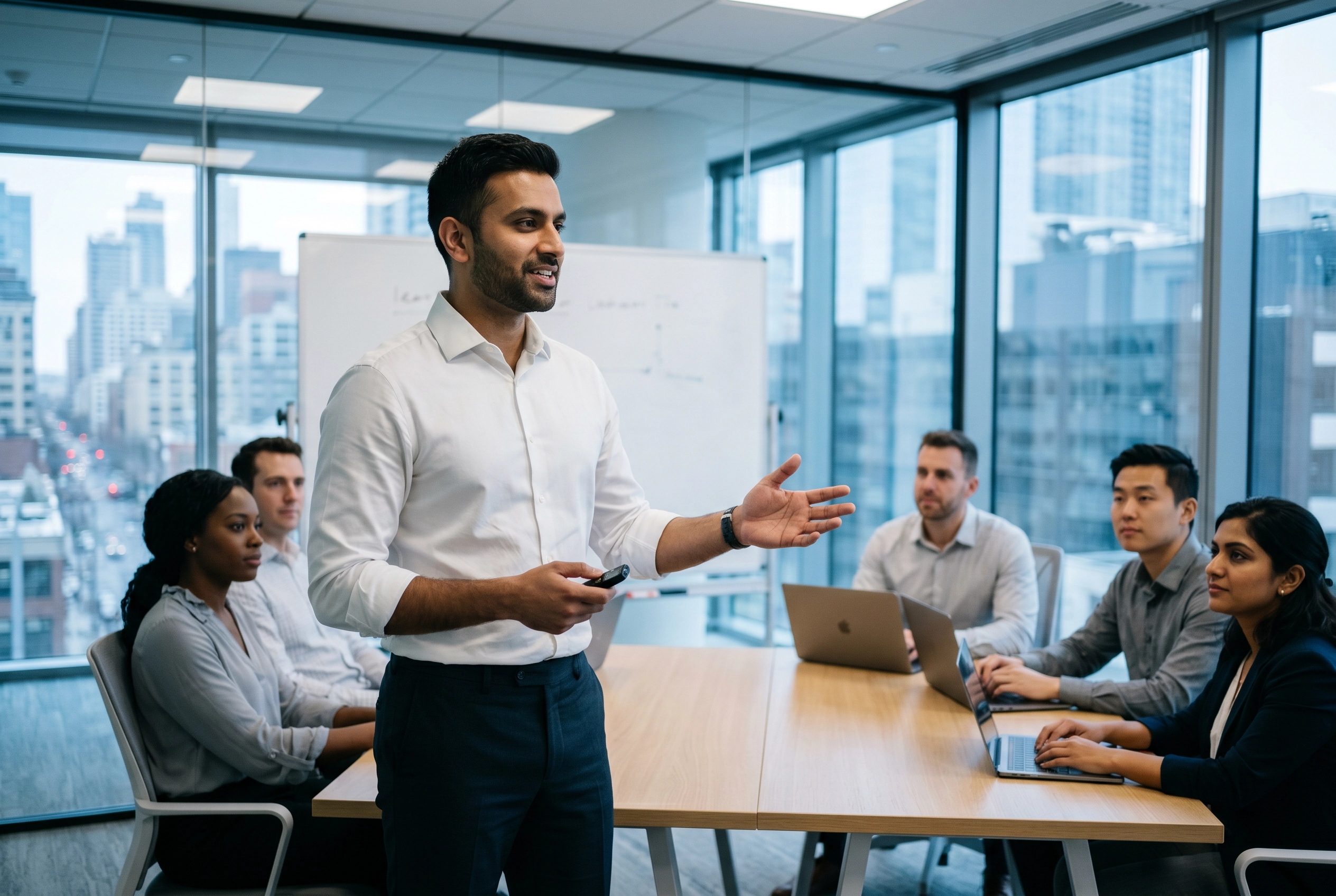 Confident Indian professional presenting in English to diverse colleagues in modern glass conference room
