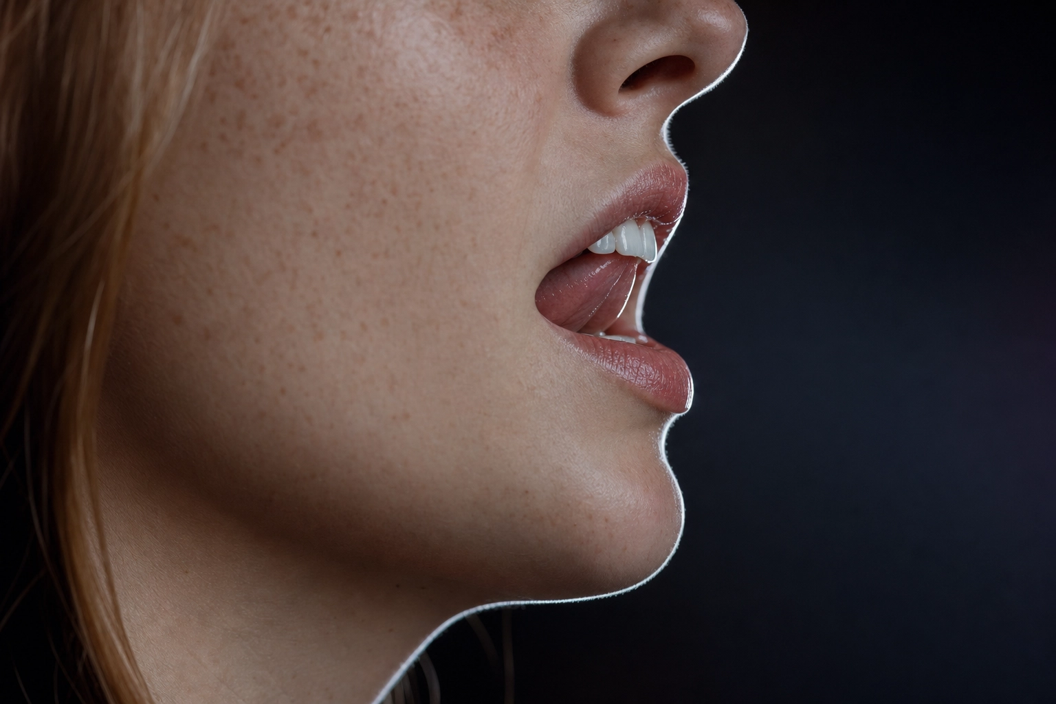 Profil en gros plan de la bouche et de la position de la langue illustrant l'articulation correcte du son TH en anglais