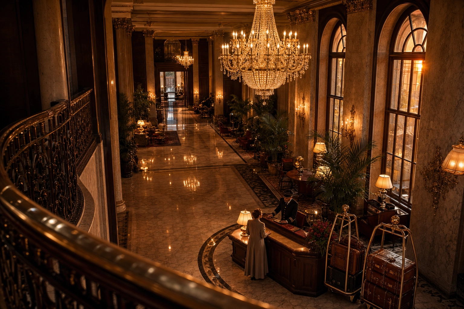 Hall d'un grand hôtel vu d'en haut montrant le bureau du concierge et un client à l'arrivée sous une lumière dorée de soirée