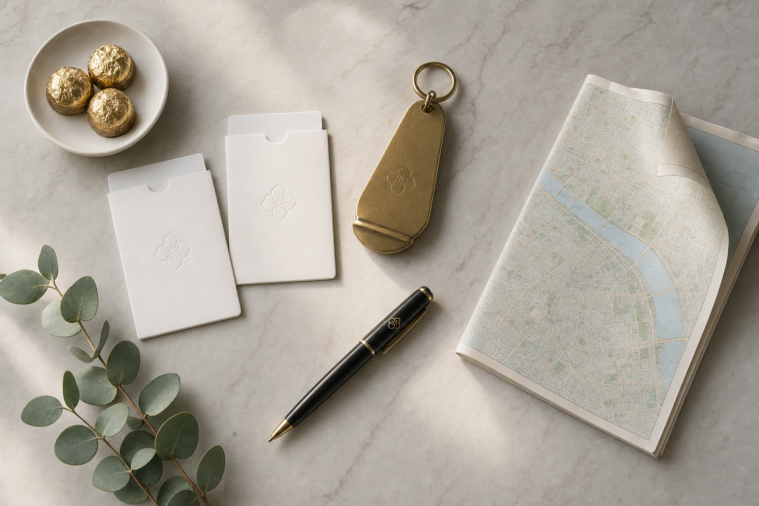 Vue à plat des essentiels d'enregistrement à l'hôtel : pochettes de carte-clé, étiquette de chambre, stylo et carte de bienvenue