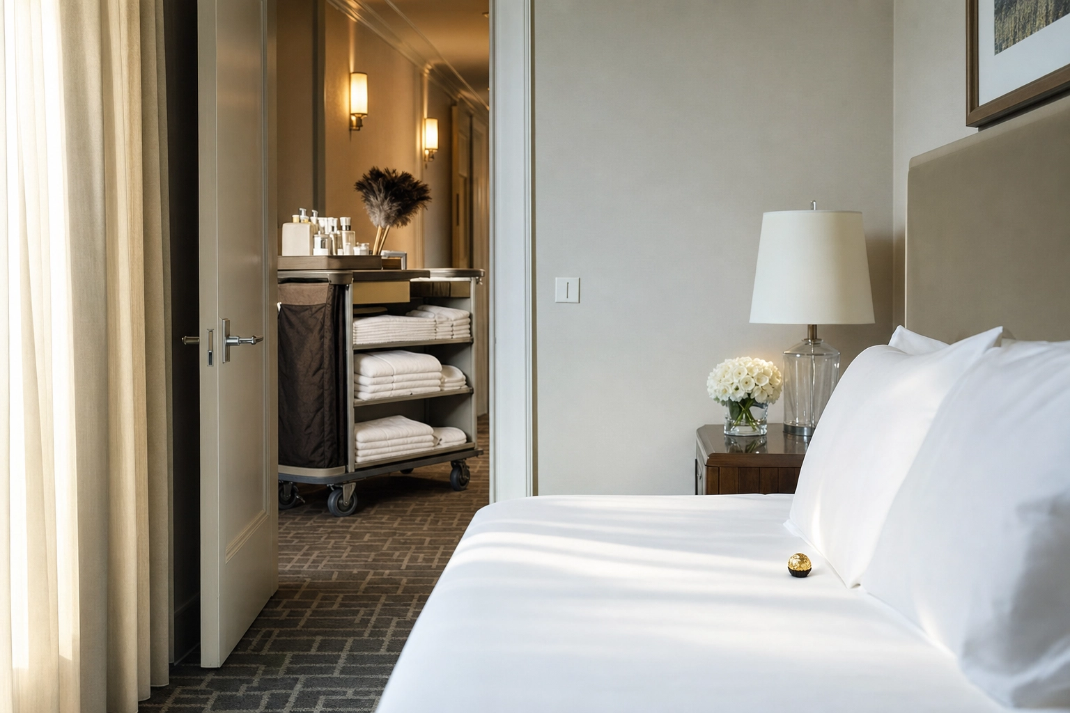 Chariot de ménage dans un couloir d'hôtel vu par la porte ouverte d'une chambre fraîchement remise en état