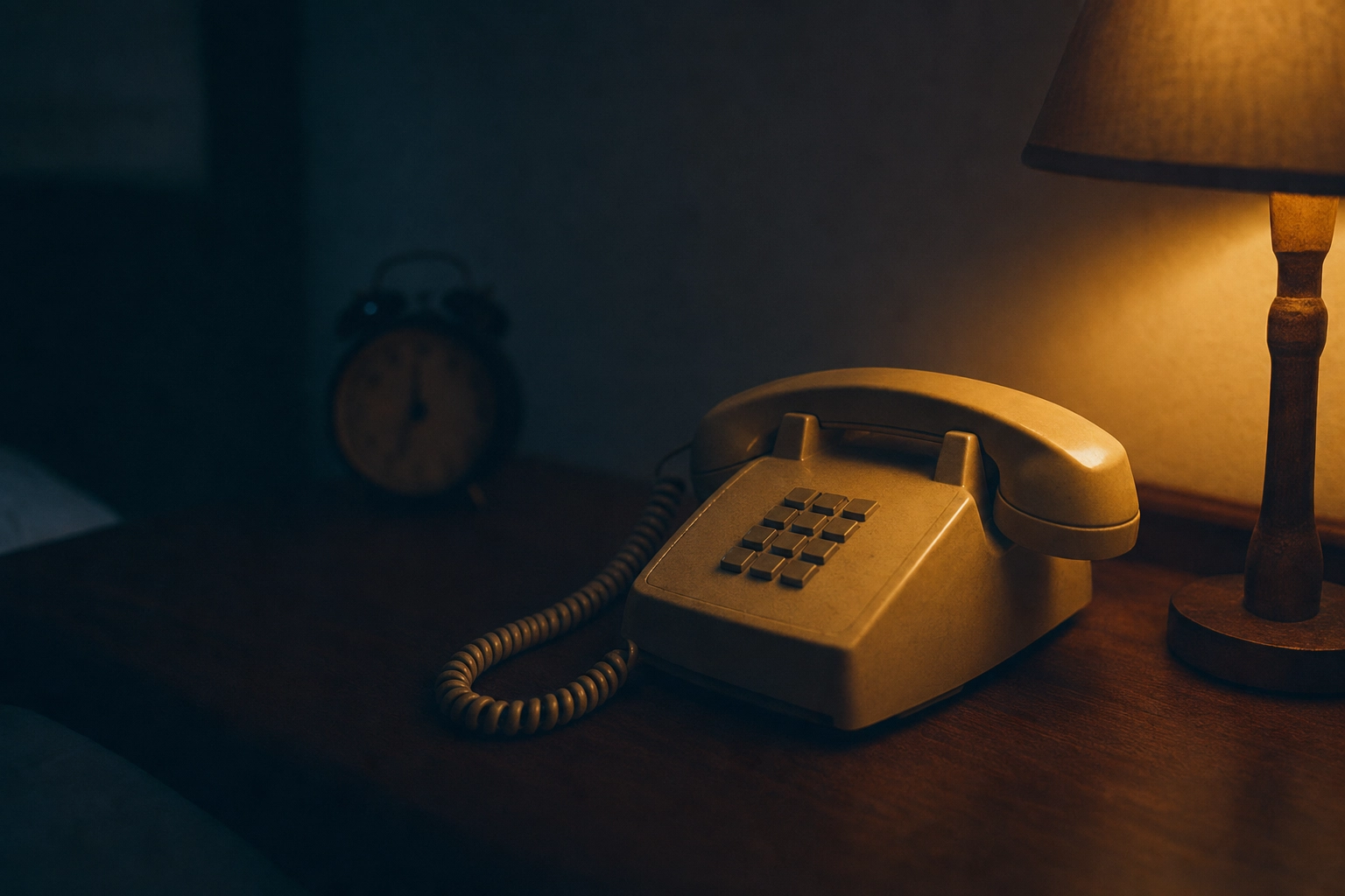 Téléphone vintage de chambre d'hôtel éclairé par une lampe de chevet chaleureuse en pleine nuit, signalant un appel d'urgence