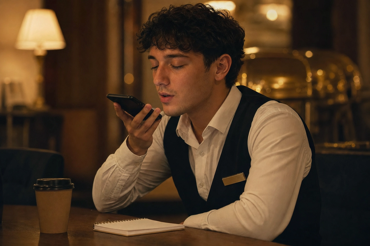 Jeune employé d'hôtel s'exerçant à parler anglais à voix haute avec son téléphone pendant une pause calme en soirée