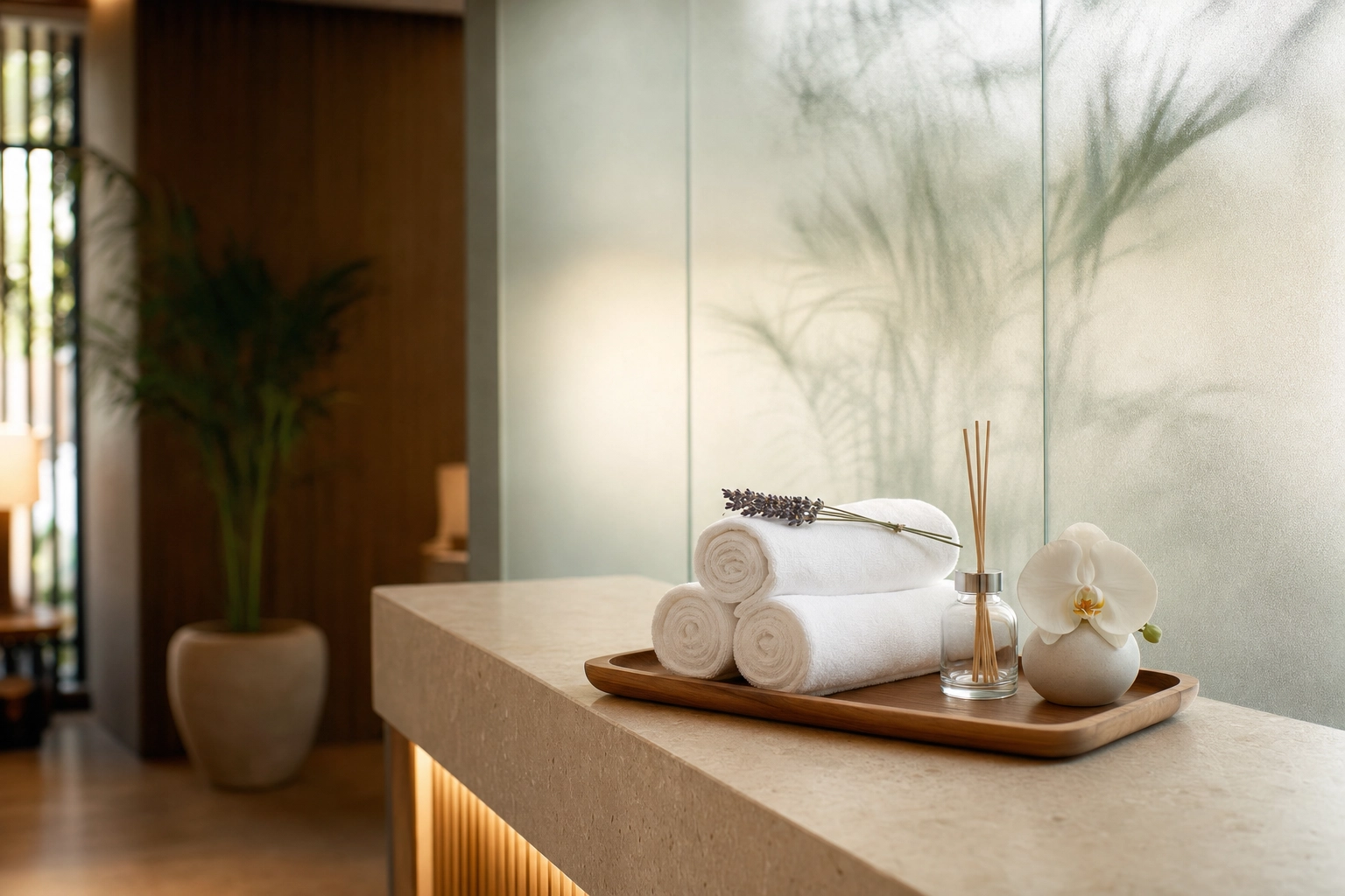 Réception du spa d'un resort avec des serviettes blanches soigneusement pliées, une orchidée et un diffuseur dans un cadre minimaliste et apaisant