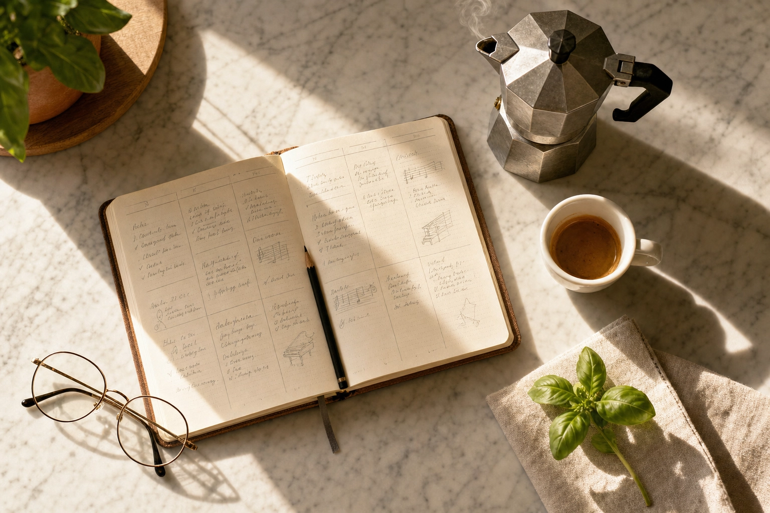 Open planner with English speaking practice notes beside Italian moka pot and espresso on marble counter