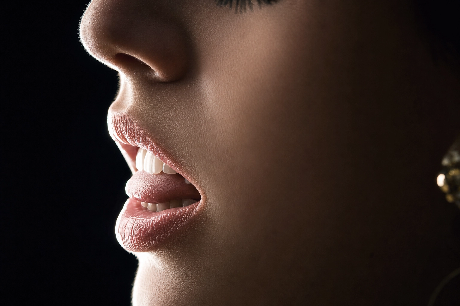Macro side profile showing English TH sound tongue position between teeth for Italian speakers