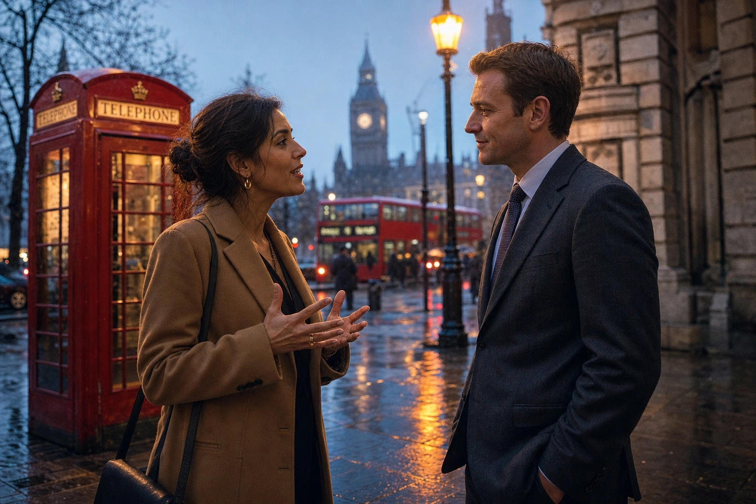 Italian and British professionals in conversation on London street showing cross-cultural communication styles