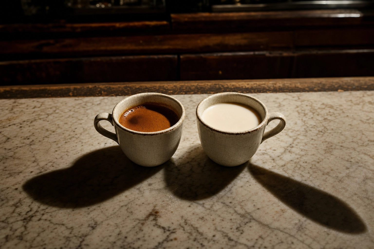 Two identical espresso cups containing different liquids representing Italian English false friends
