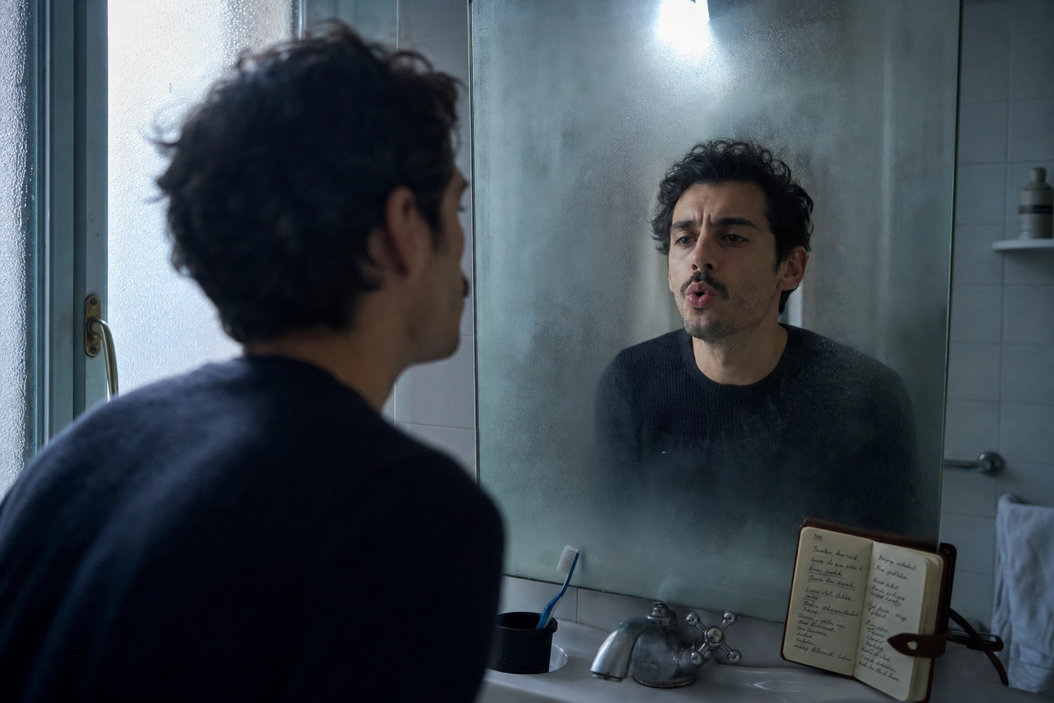 Italian man practicing English pronunciation in bathroom mirror during morning routine