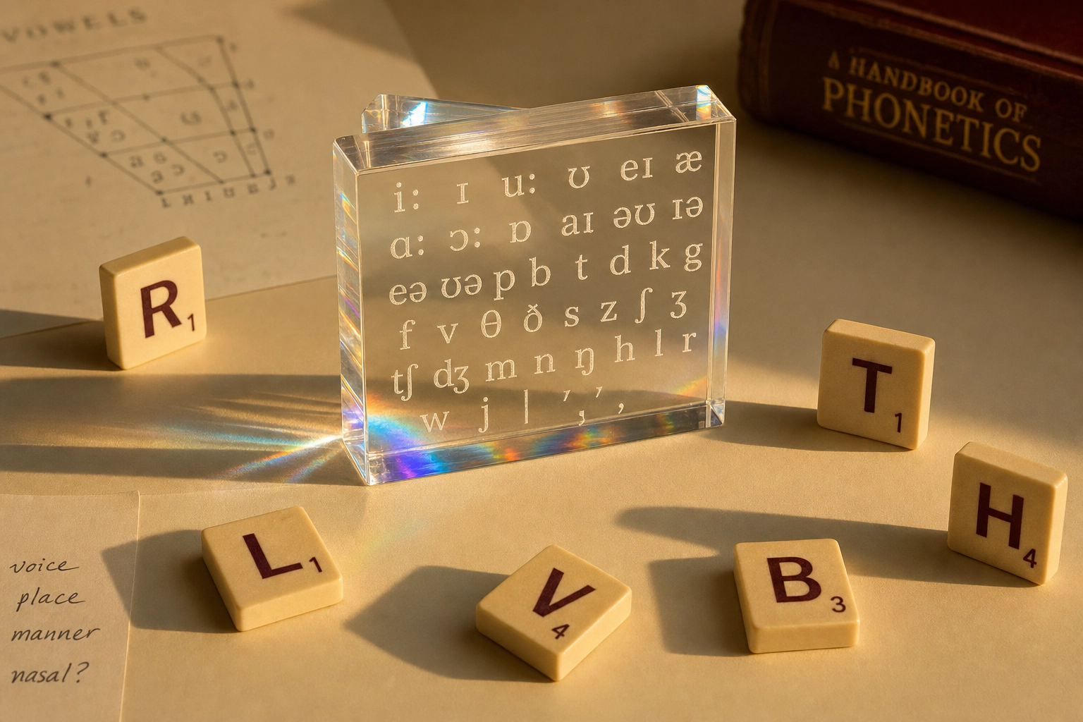 Phonetic IPA symbols and English consonant tiles representing the sounds Japanese speakers find most challenging