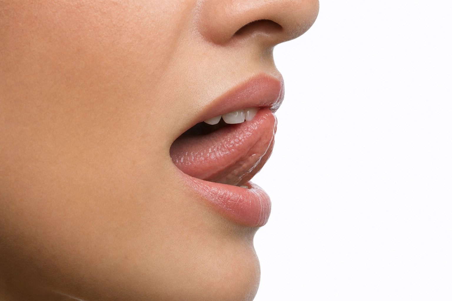 Close-up macro view of mouth and tongue position for English R and L pronunciation practice