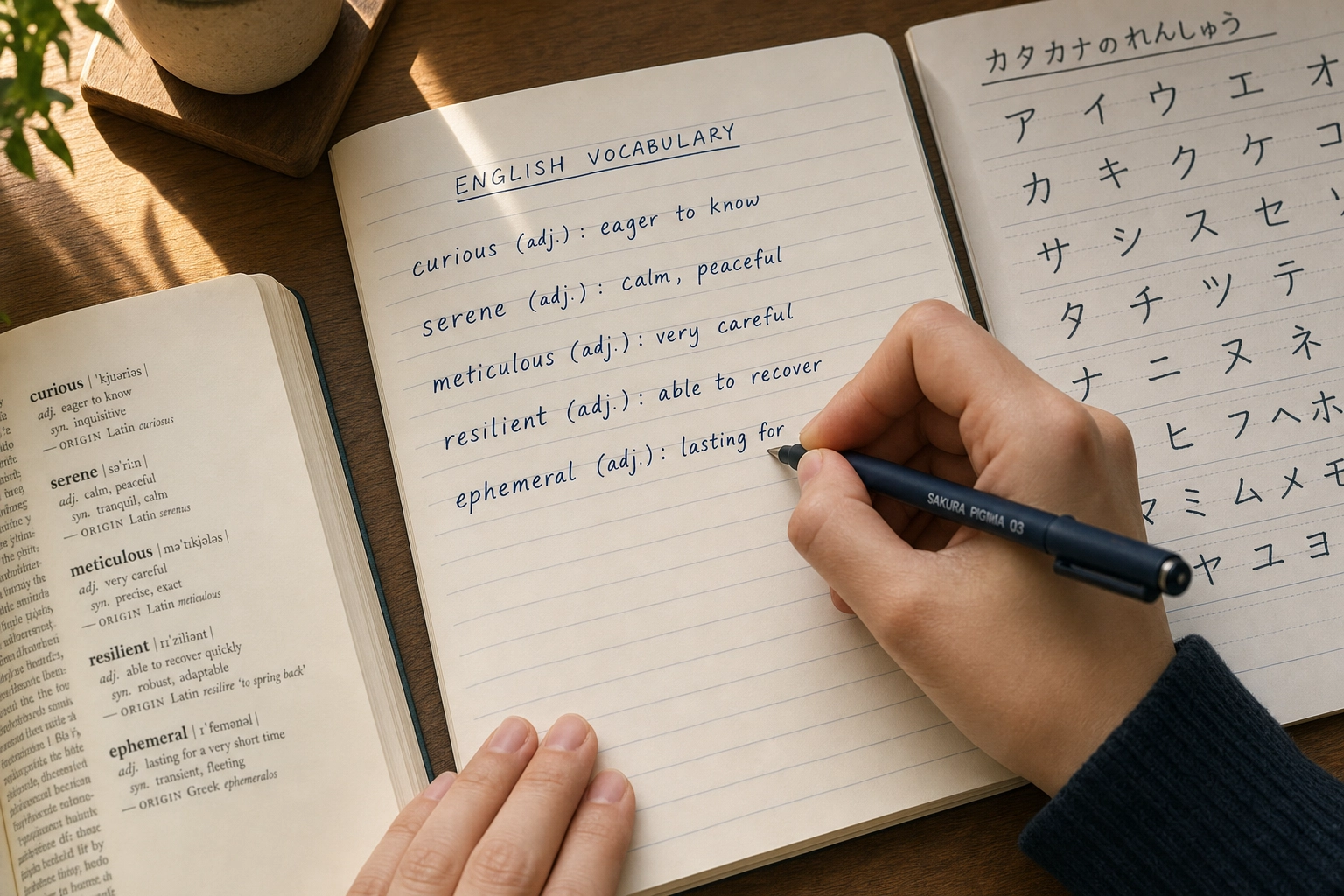 Hands writing English vocabulary alongside Japanese katakana practice sheet for pronunciation comparison