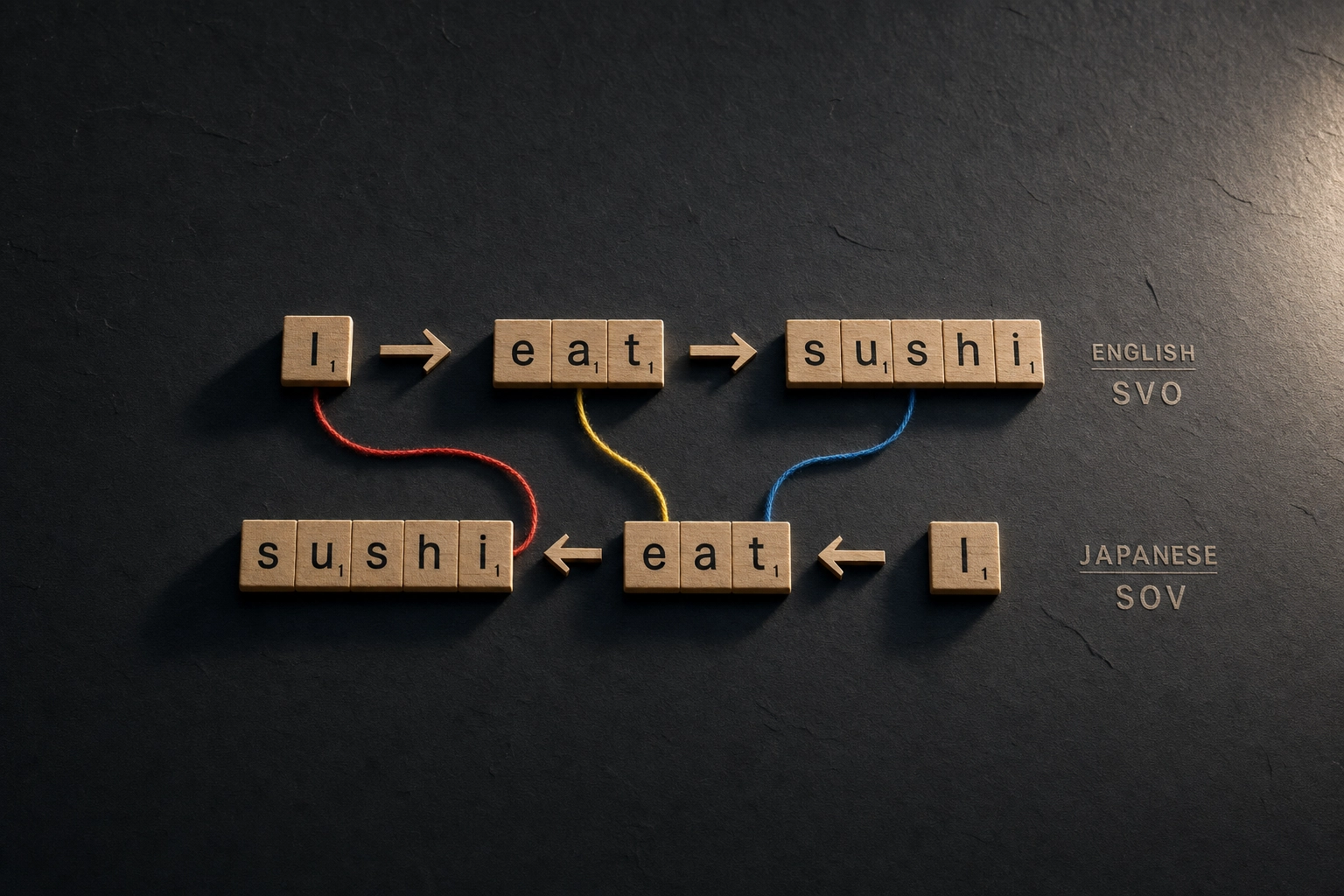 Wooden letter tiles arranged in contrasting Japanese and English sentence structures showing grammar word order differences