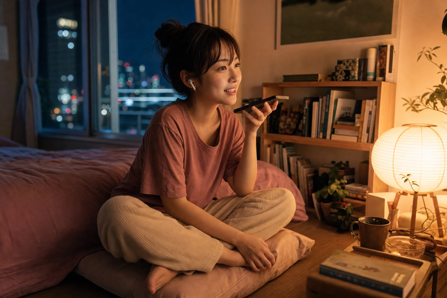 Young Japanese woman comfortably practicing English speaking alone on her phone in cozy bedroom at night