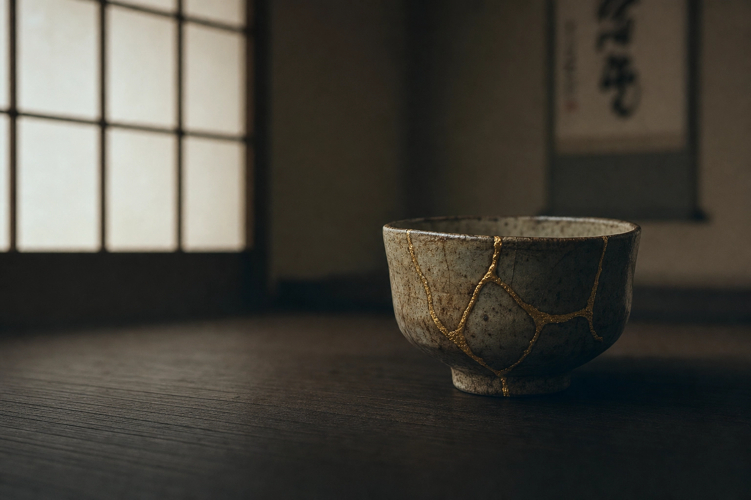 Kintsugi tea bowl repaired with gold lacquer representing wabi-sabi philosophy of beauty in imperfection