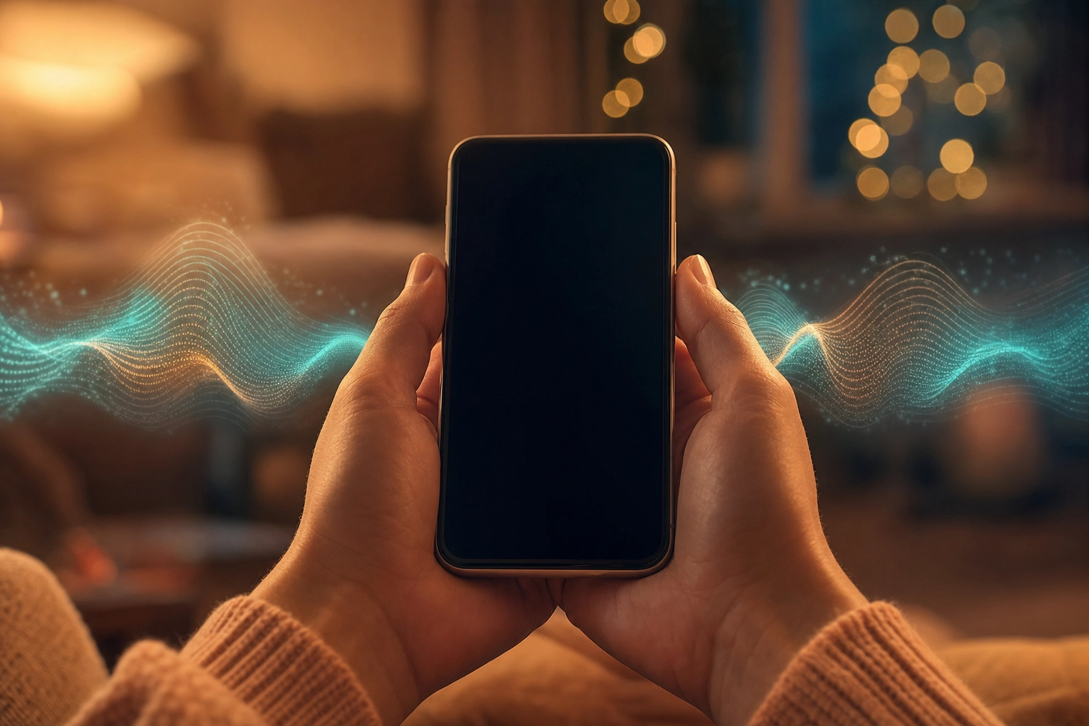 Hands holding smartphone with sound wave visualization showing voice English speaking practice