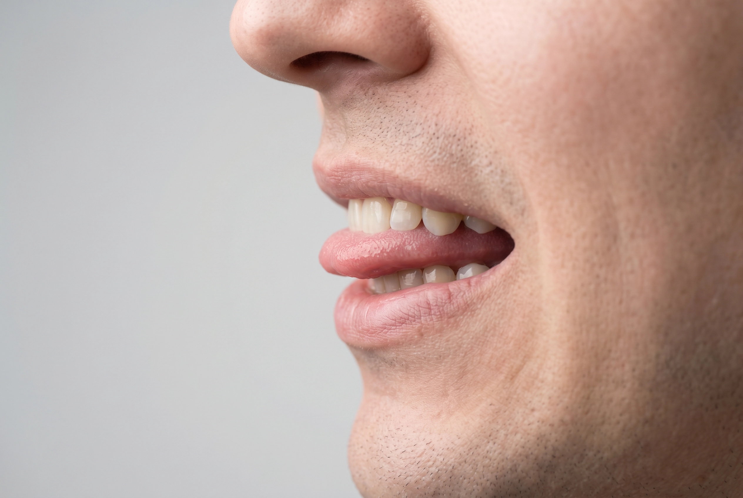 Side profile showing tongue placement between teeth for English TH sound pronunciation for Korean speakers