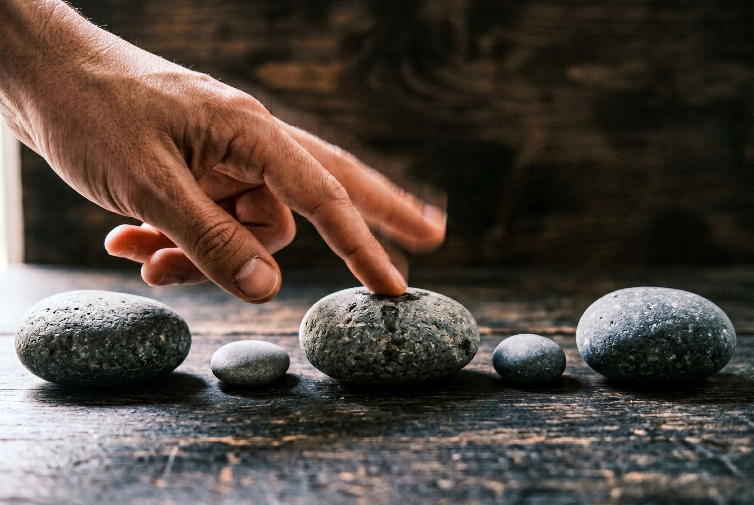 Hand tapping rhythm on wooden surface with stones representing English stressed and unstressed syllables for Korean speakers