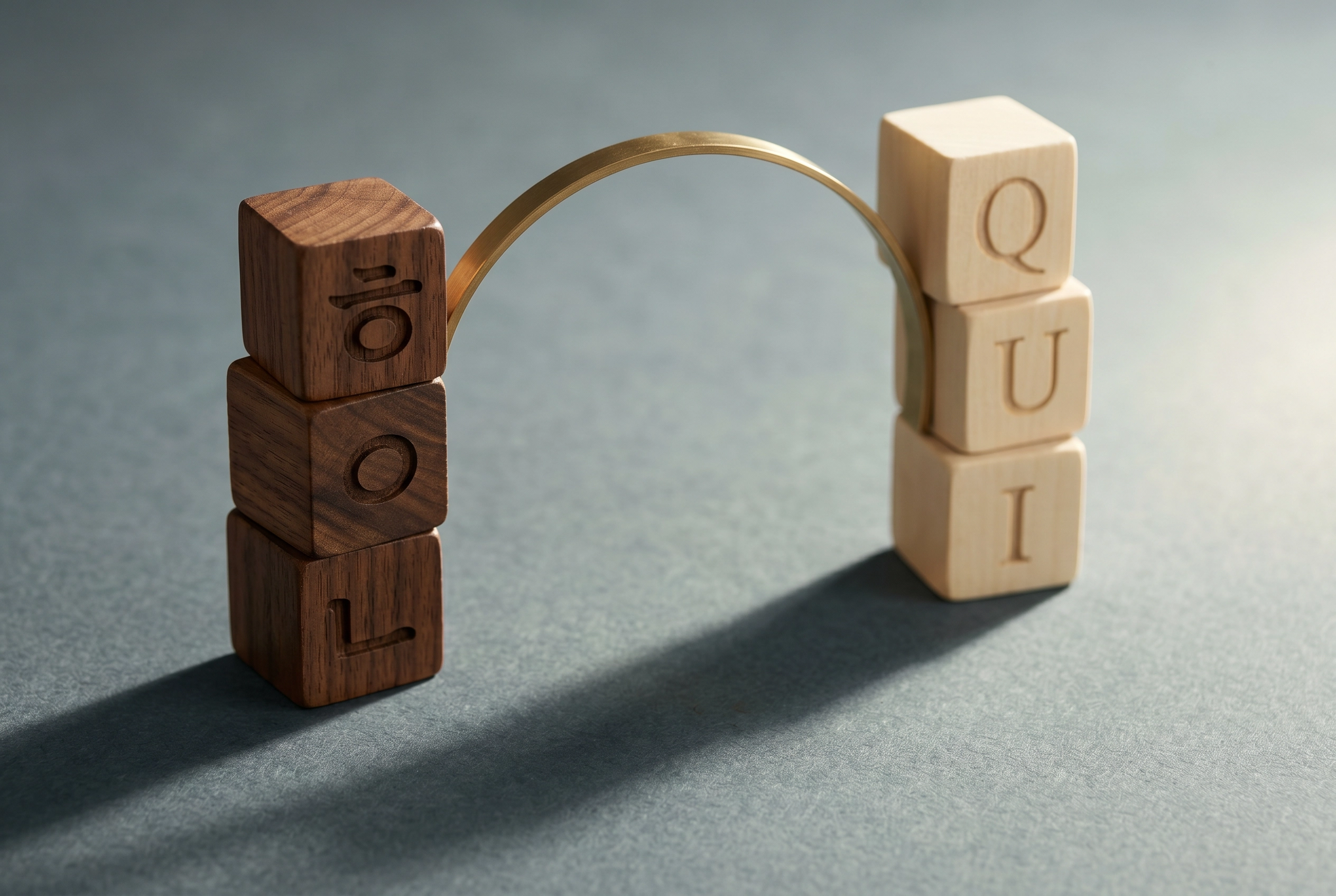 Wooden blocks with Korean Hangul and English letters connected by a small brass bridge on slate surface representing English for Korean speakers