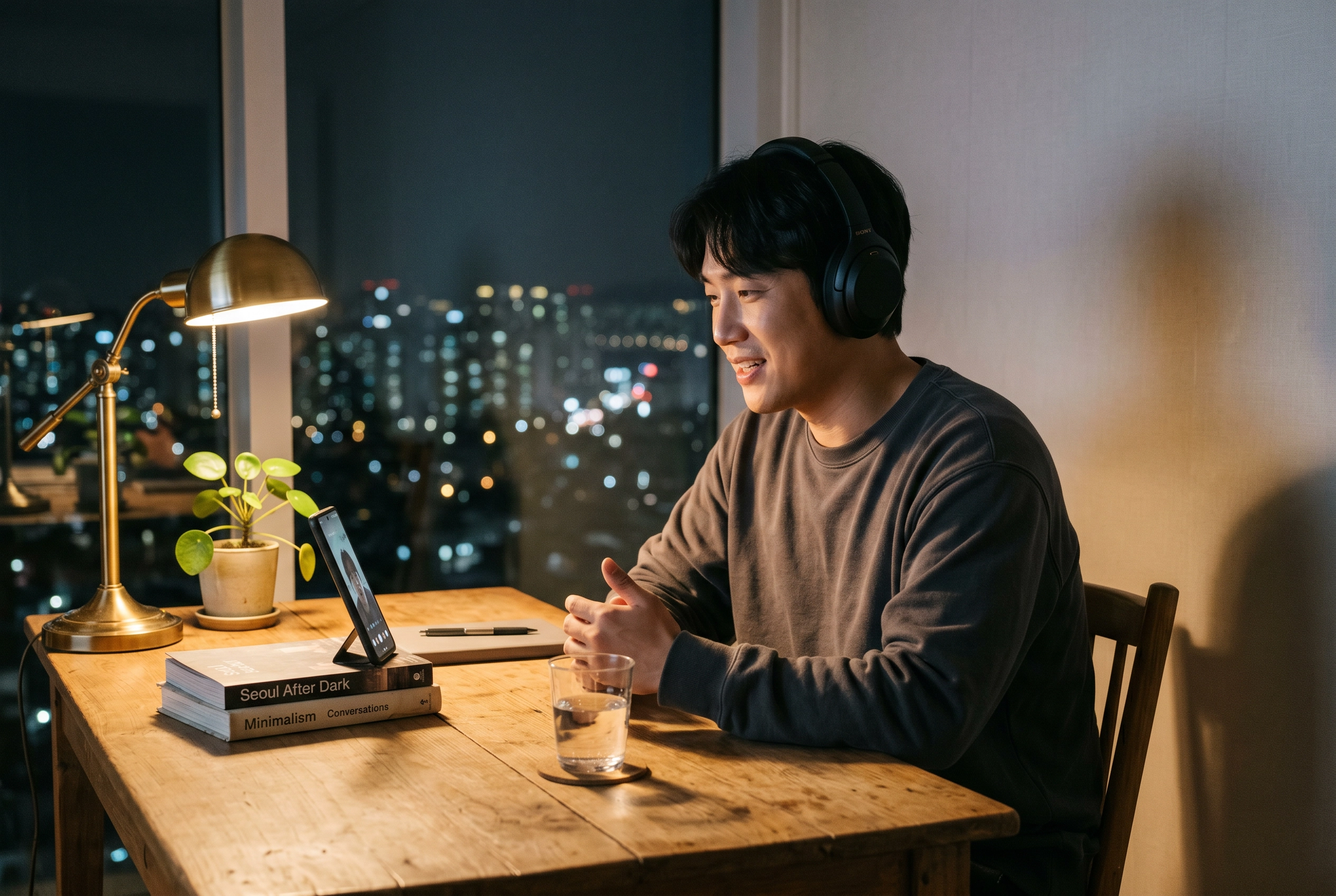 Korean man practicing English speaking at home desk at night with headphones and smartphone