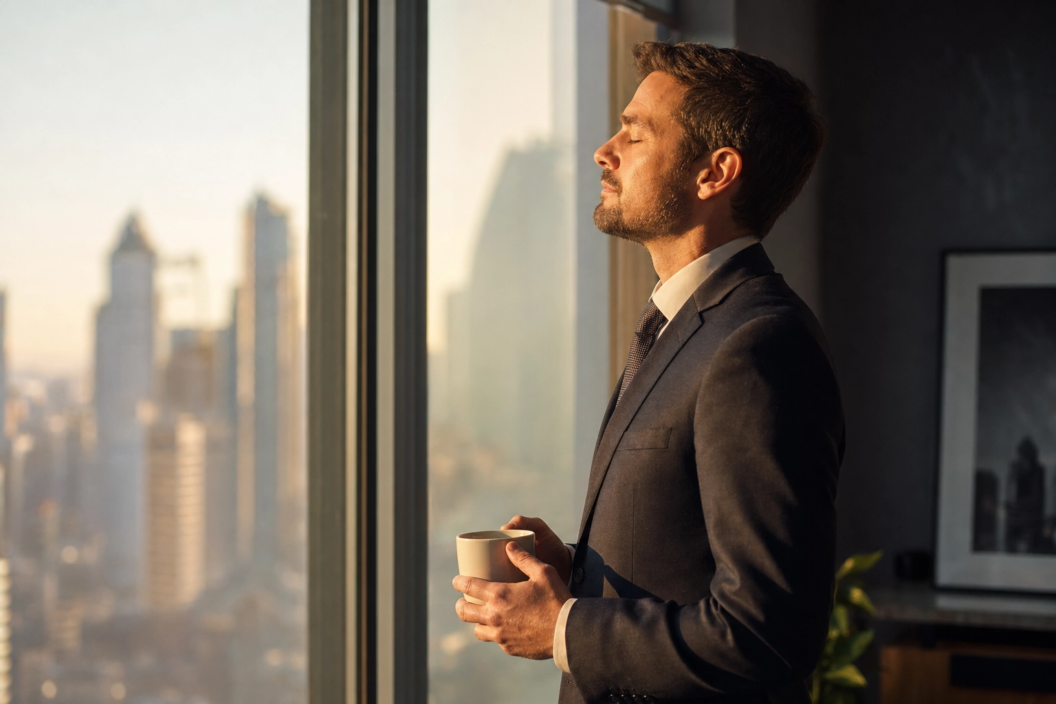 Professional pausing for a calm breath by a window during a ten-minute pre-meeting warm-up routine